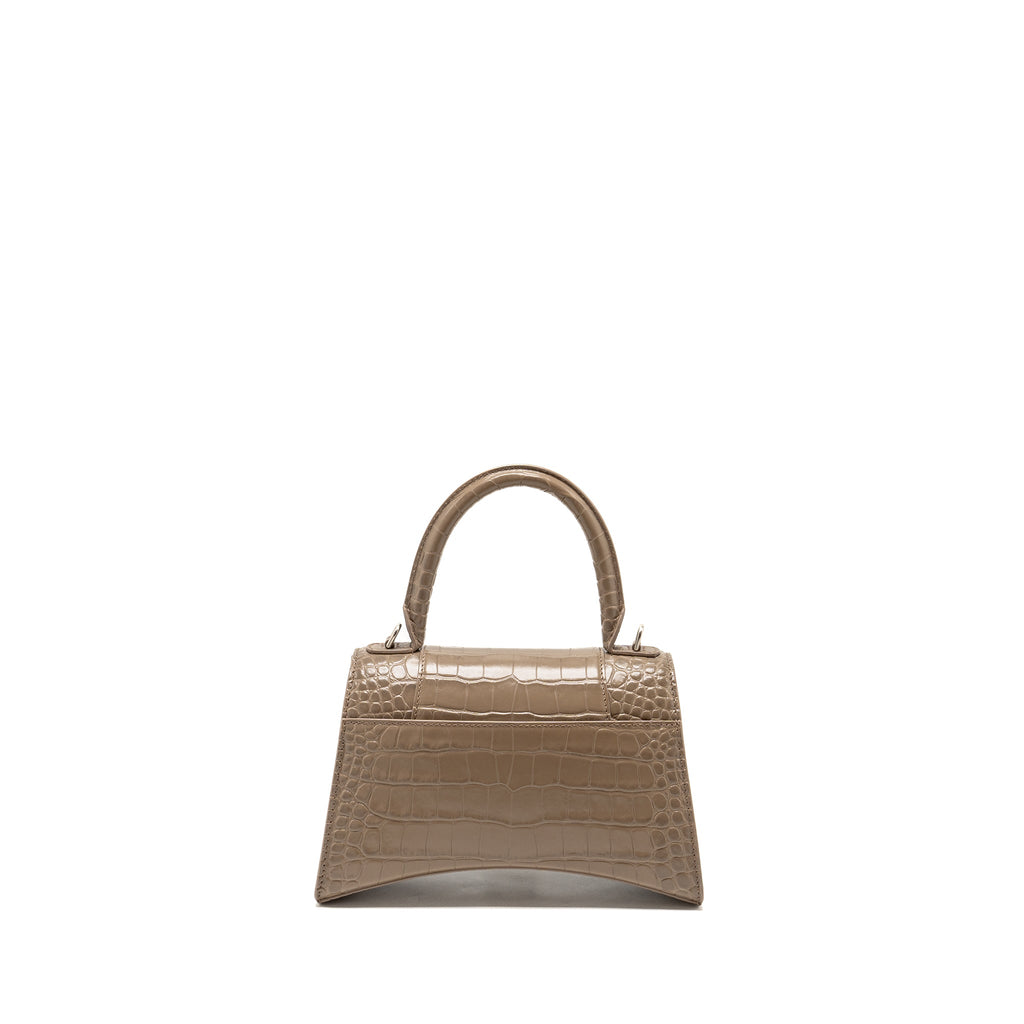 BALENCIAGA SMALL HOURGLASS BAG CROC-EMBOSSED CALFSKIN DARK BEIGE SHW