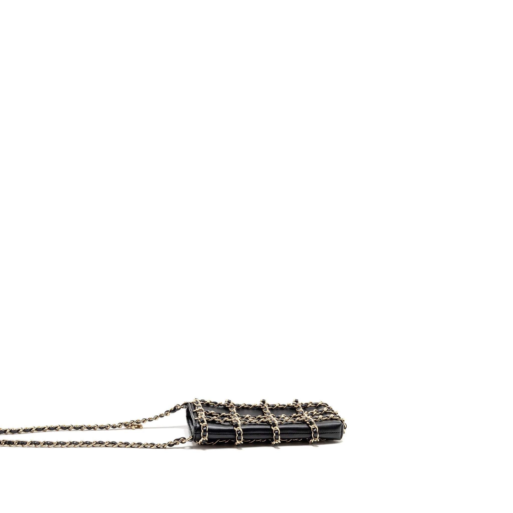 CHANEL GOLD CLUTCH O CHAIN VERTICAL PHONE HOLDER LAMBSKIN BLACK GHW