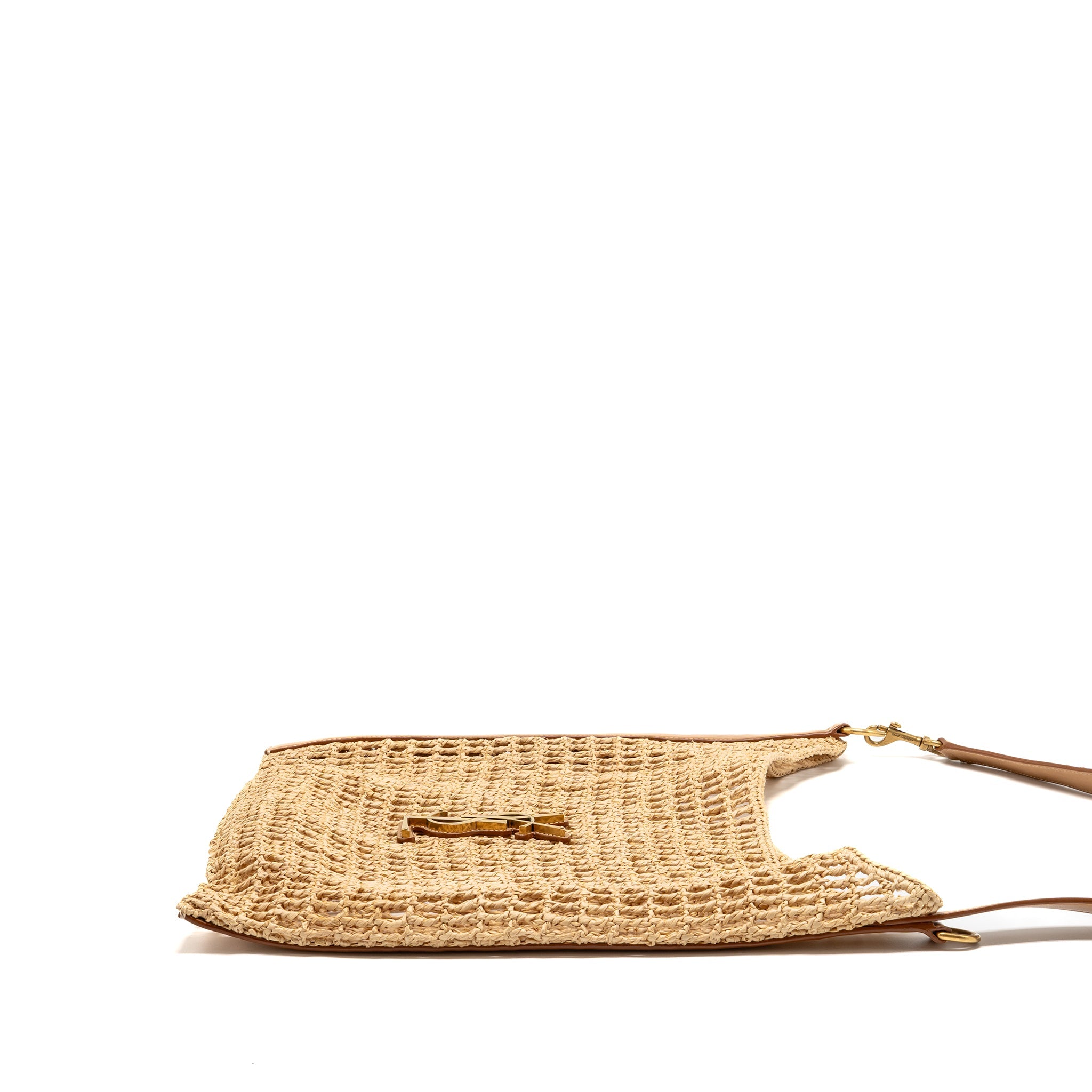 SAINT LAURENT/YSL OXALIS CROCHET SHOULDER BAG RIFFIA/LEATHER BEIGE GHW