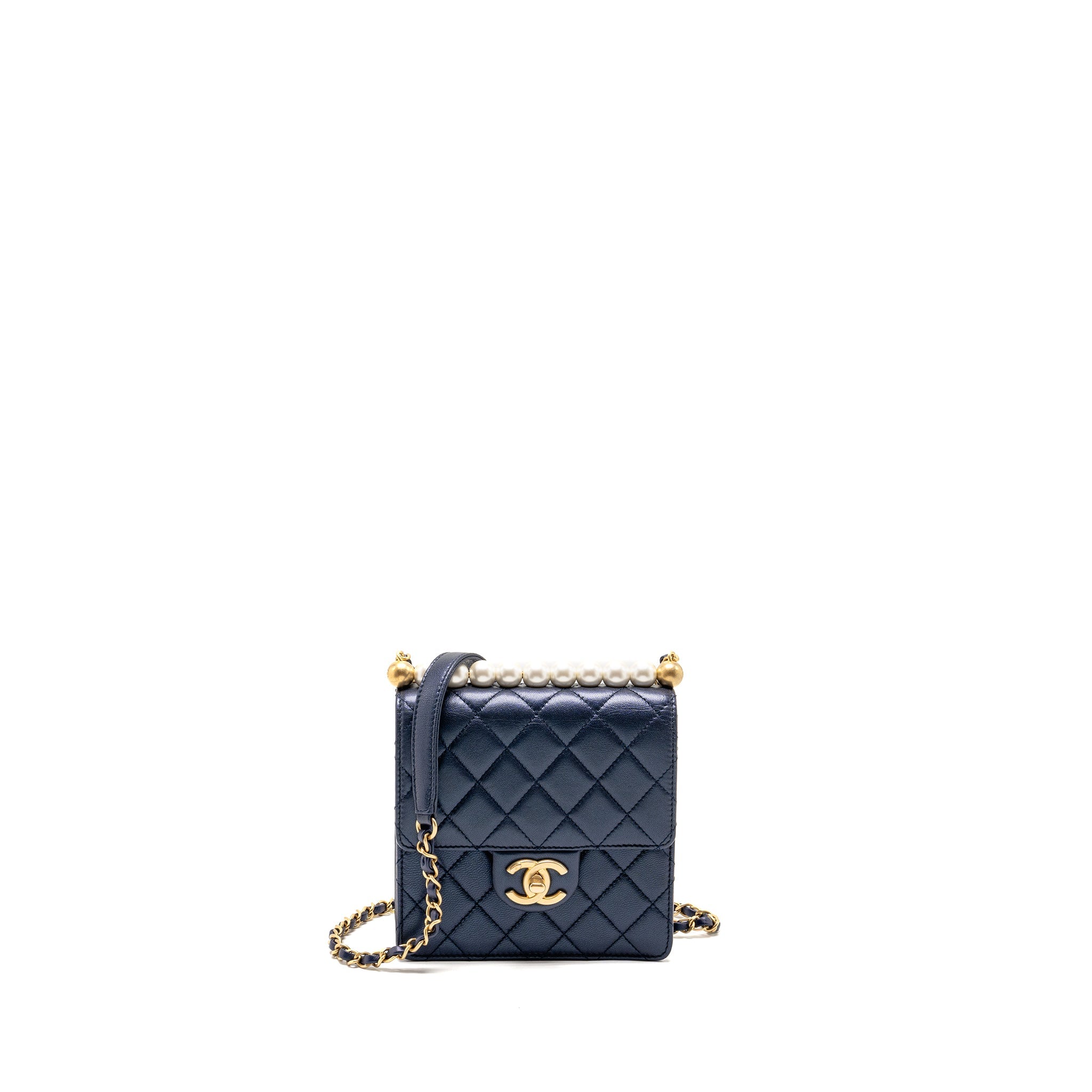 CHANEL PEARL DECORATED QUILTED FLAP BAG LAMBSKIN NAVY GHW