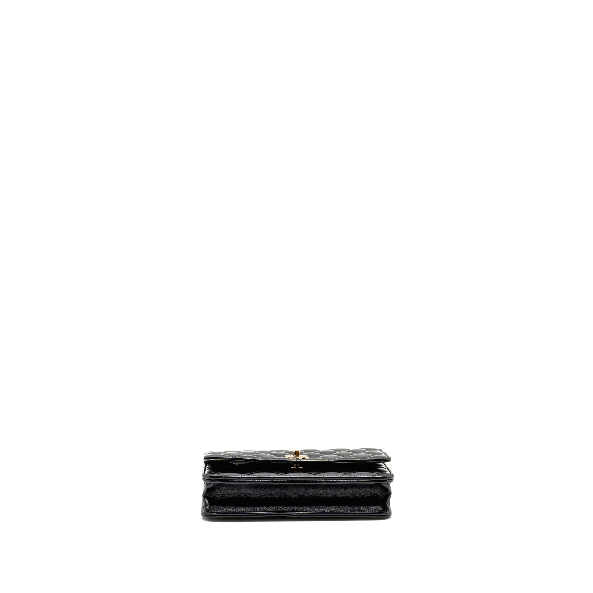 CHANEL WALLET ON CC DETAILED CHAIN SHINY LAMBSKIN BLACK GHW (MICROCHIP)