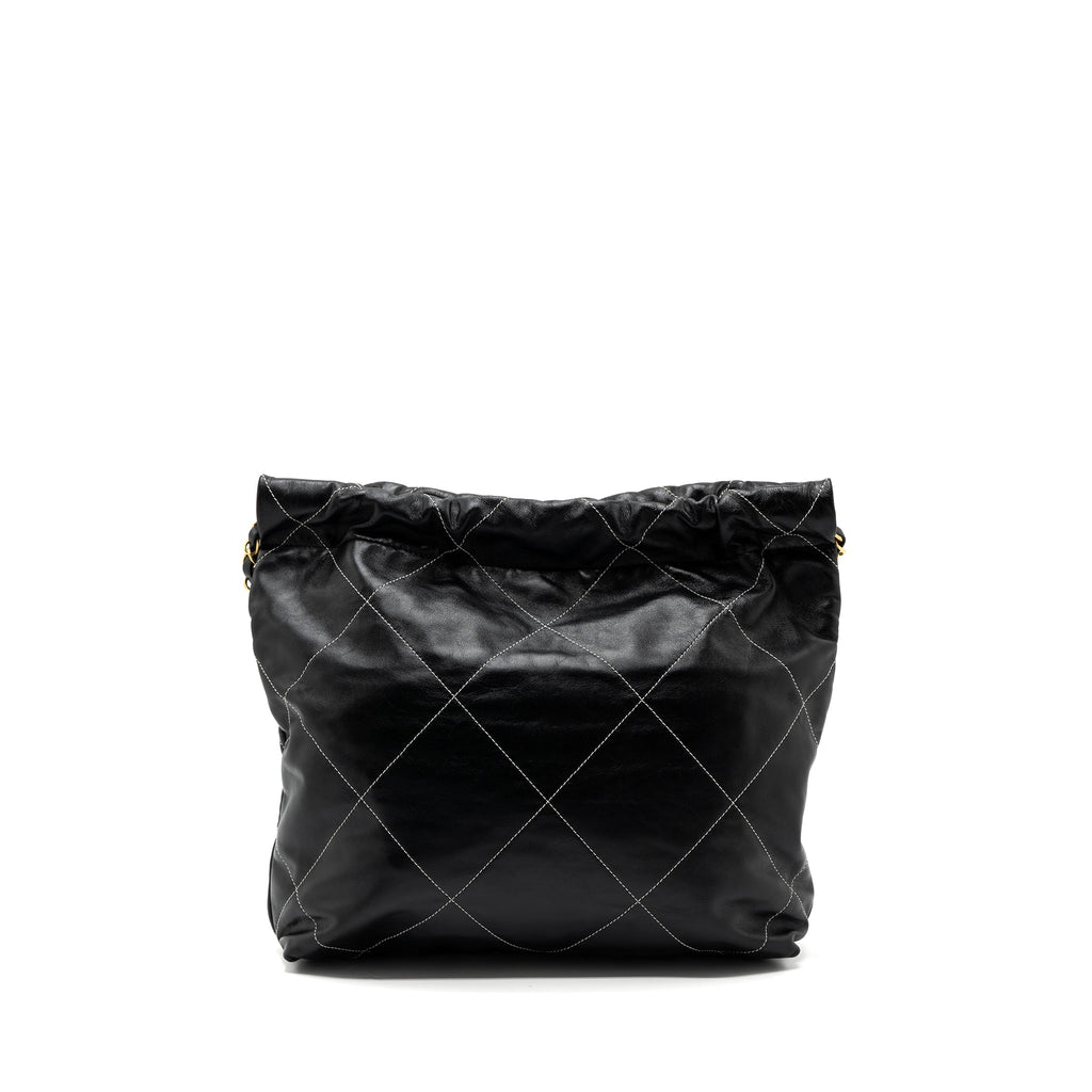 CHANEL SMALL 22 BAG GOLD LETTER SHINY CALFSKIN BLACK BRUSHED GHW(MICROCHIP)