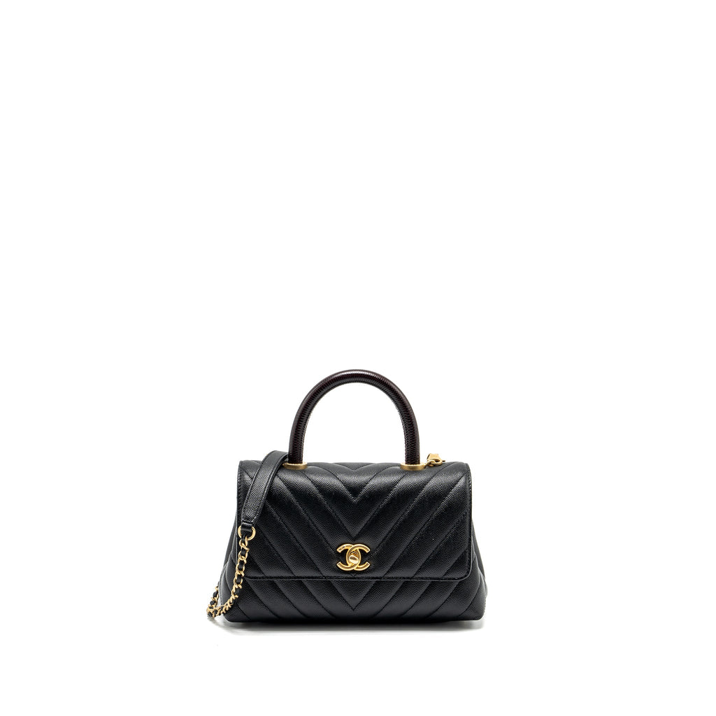 CHANEL SMALL COCO HANDLE CHEVRON CAVIAR WITH LIZARD EMBOSSED HANDLE BLACK/ BURGUNDY GHW