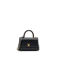 CHANEL SMALL COCO HANDLE CHEVRON CAVIAR WITH LIZARD EMBOSSED HANDLE BLACK/ BURGUNDY GHW