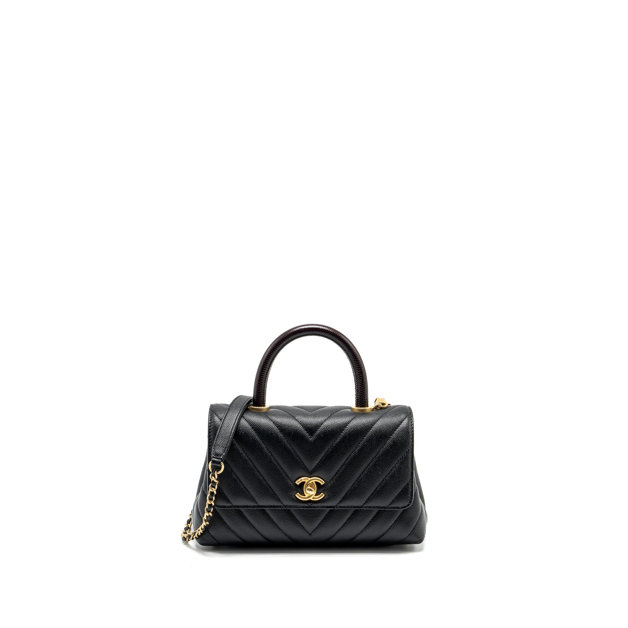 CHANEL SMALL COCO HANDLE CHEVRON CAVIAR WITH LIZARD EMBOSSED HANDLE BLACK/ BURGUNDY GHW
