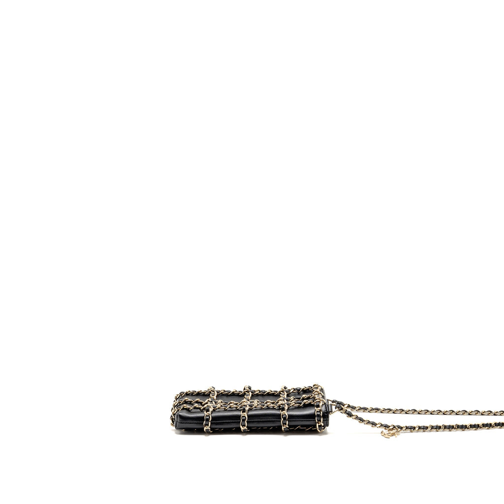CHANEL GOLD CLUTCH O CHAIN VERTICAL PHONE HOLDER LAMBSKIN BLACK GHW