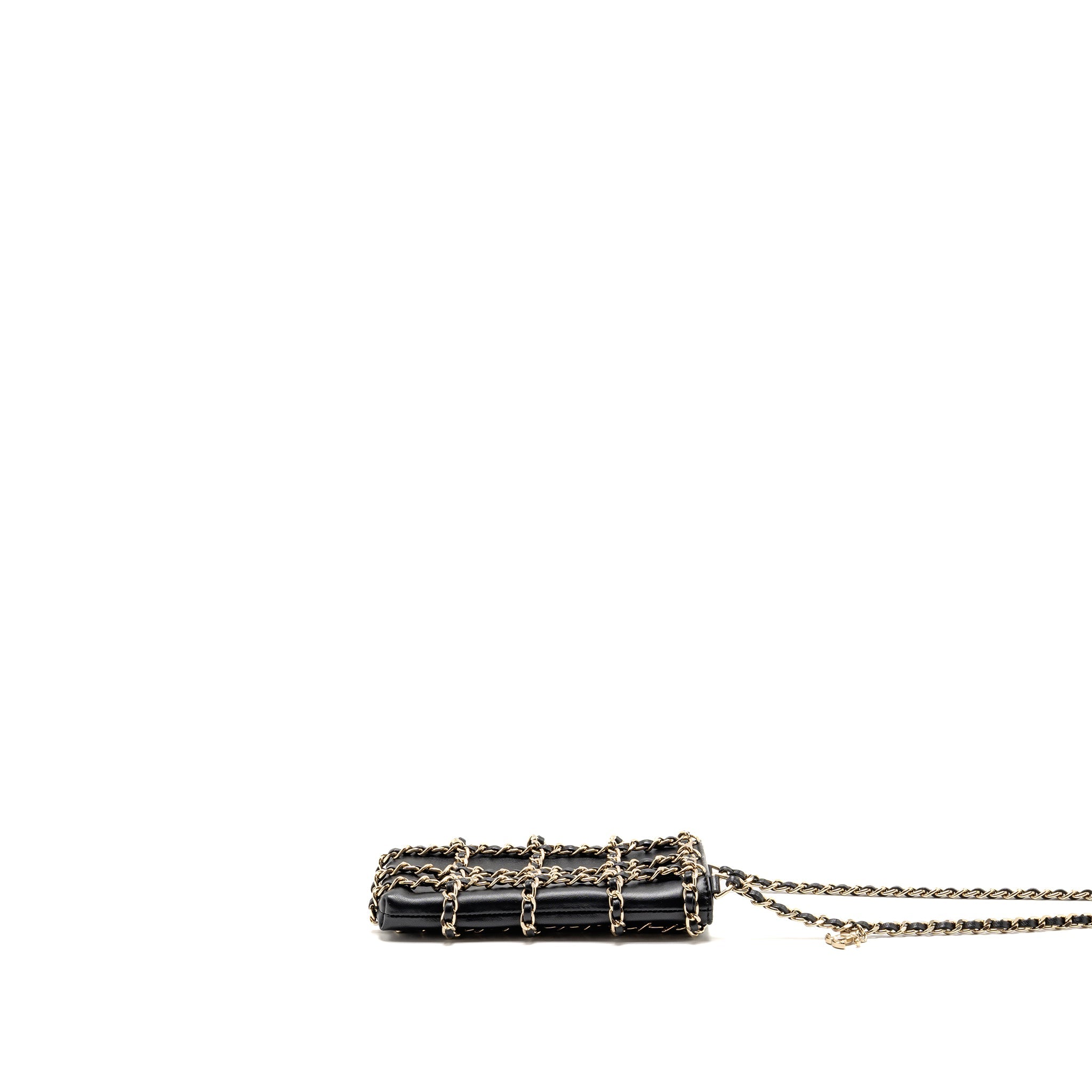 CHANEL GOLD CLUTCH O CHAIN VERTICAL PHONE HOLDER LAMBSKIN BLACK GHW