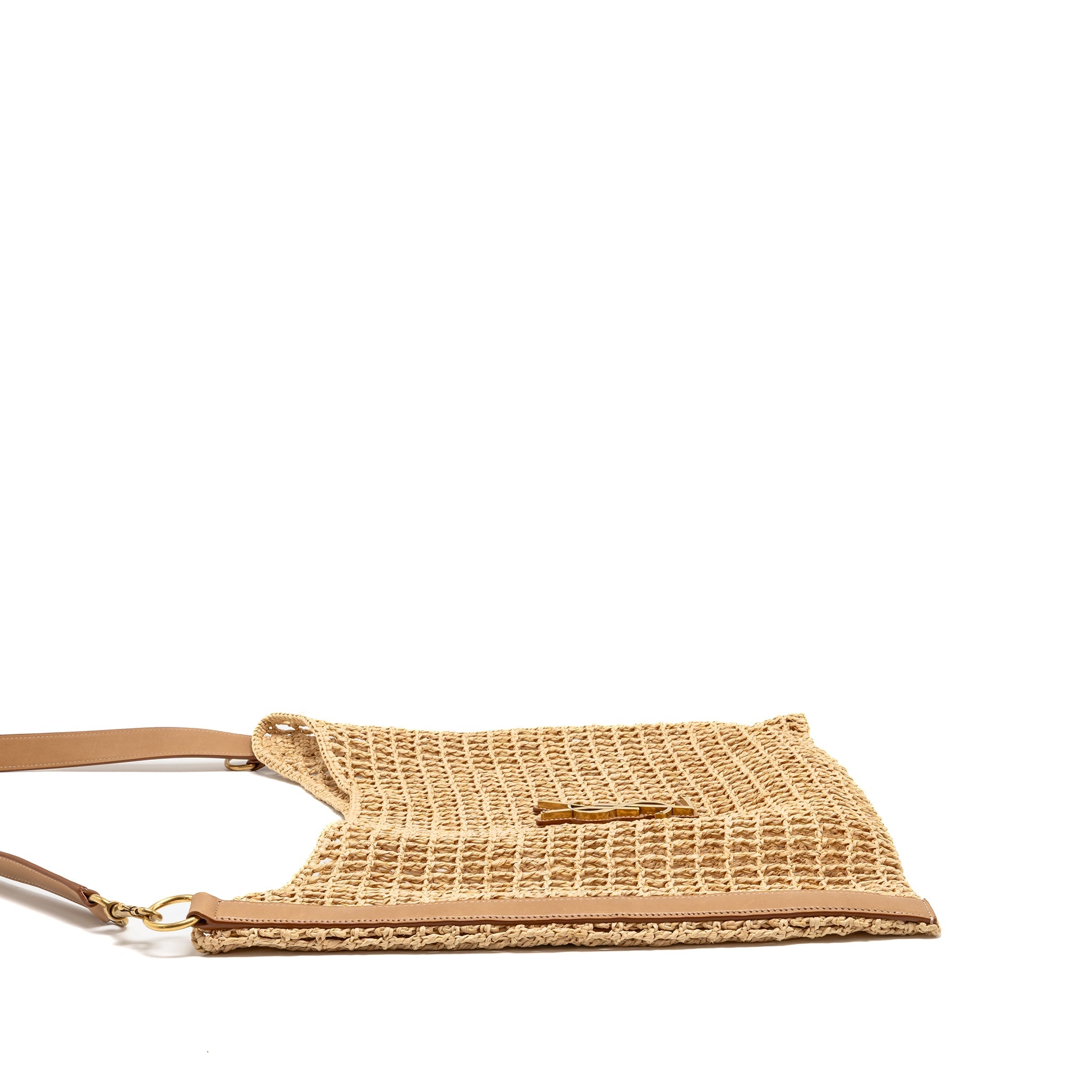 SAINT LAURENT/YSL OXALIS CROCHET SHOULDER BAG RIFFIA/LEATHER BEIGE GHW