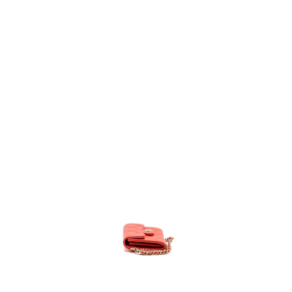 CHANEL FLAP CARD HOLDER WITH CHAIN ON ONE SIDE CAVIAR CORAL PINK LGHW