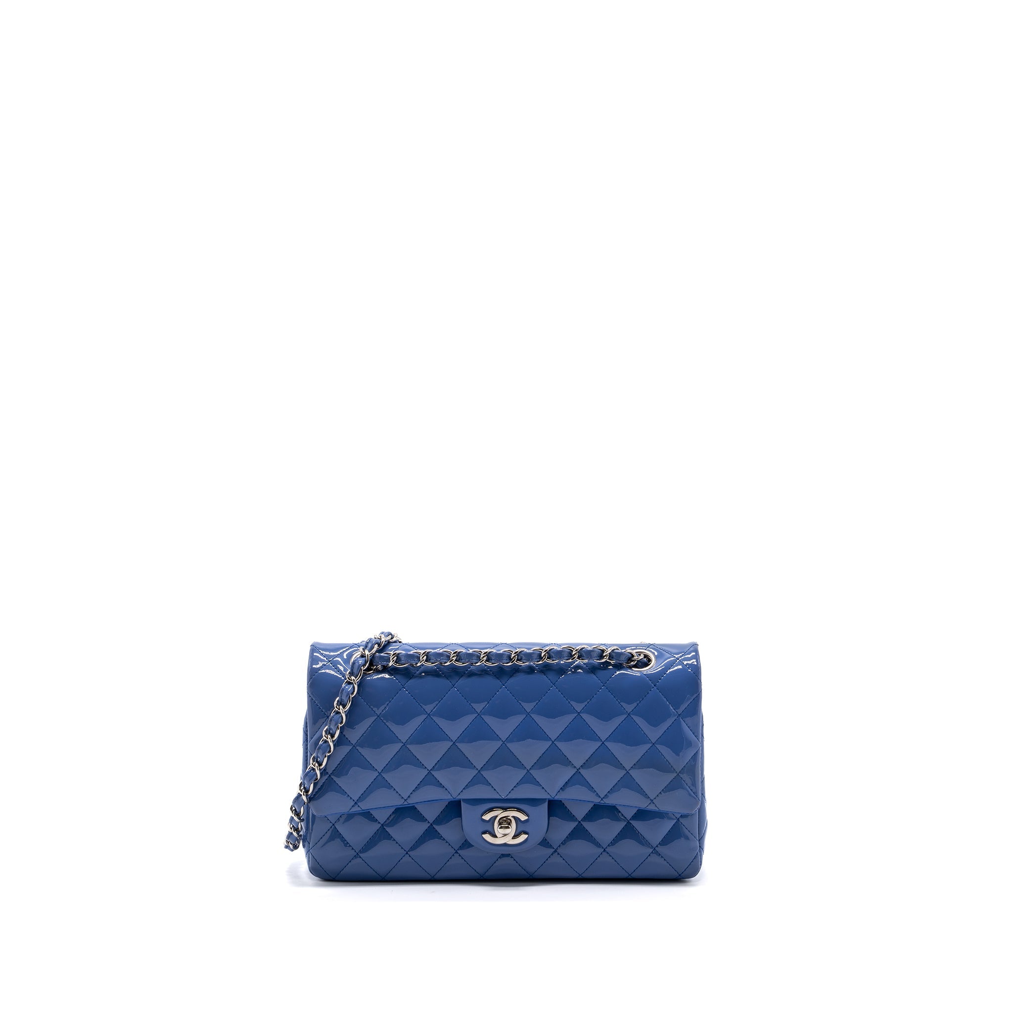 CHANEL MEDIUM CLASSIC DOUBLE FLAP BAG PATENT LIGHT BLUE SHW