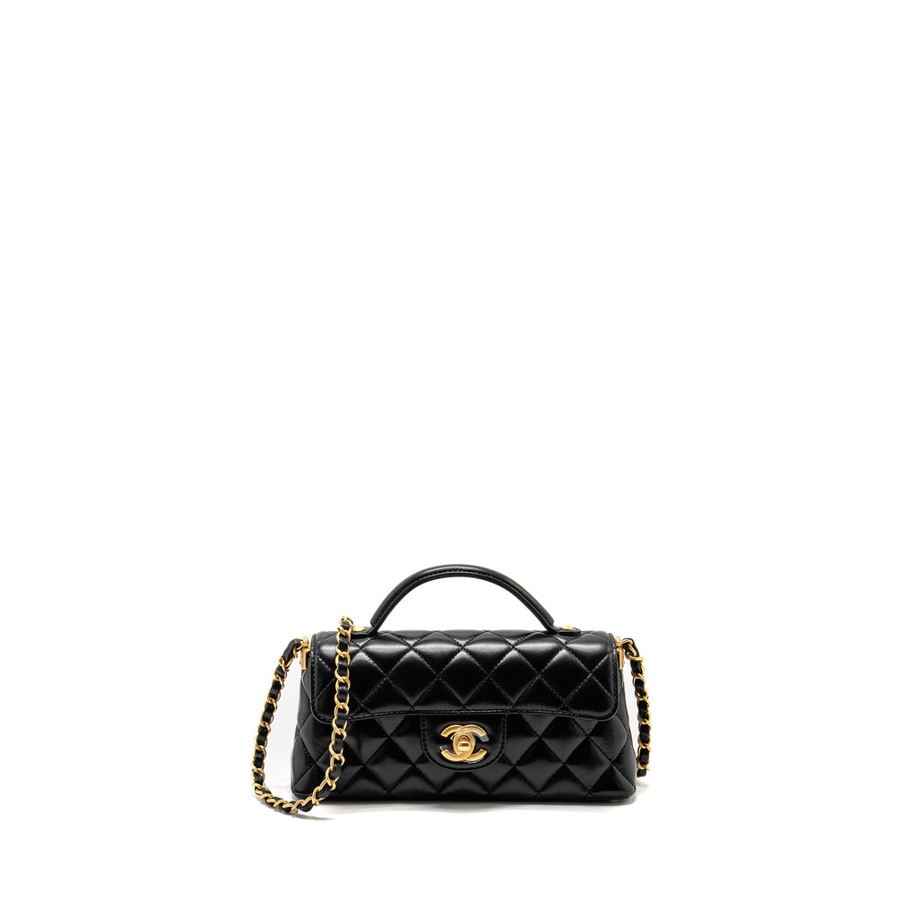 CHANEL 25P TOP HANDLE FLAP BAG SHINY LAMBSKIN BLACK GHW(MICROCHIP)