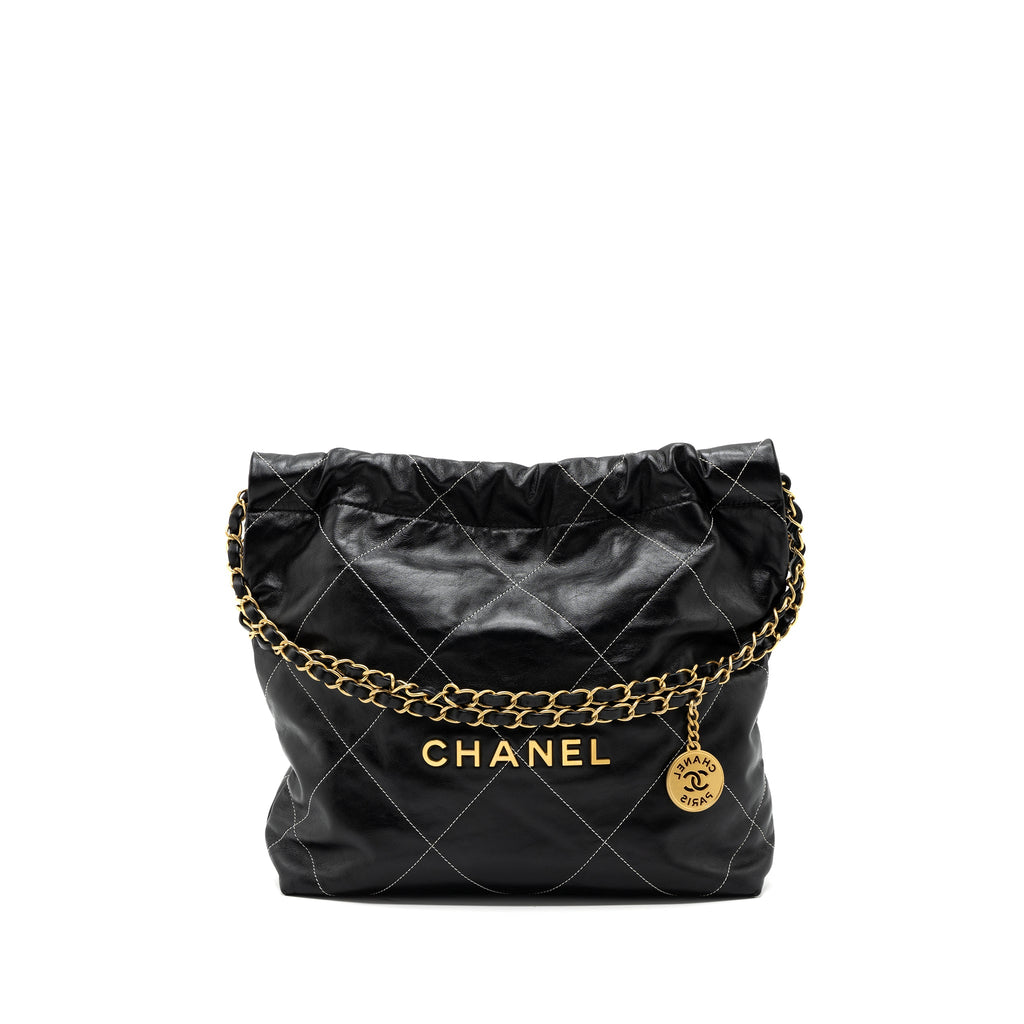 CHANEL SMALL 22 BAG GOLD LETTER SHINY CALFSKIN BLACK BRUSHED GHW(MICROCHIP)