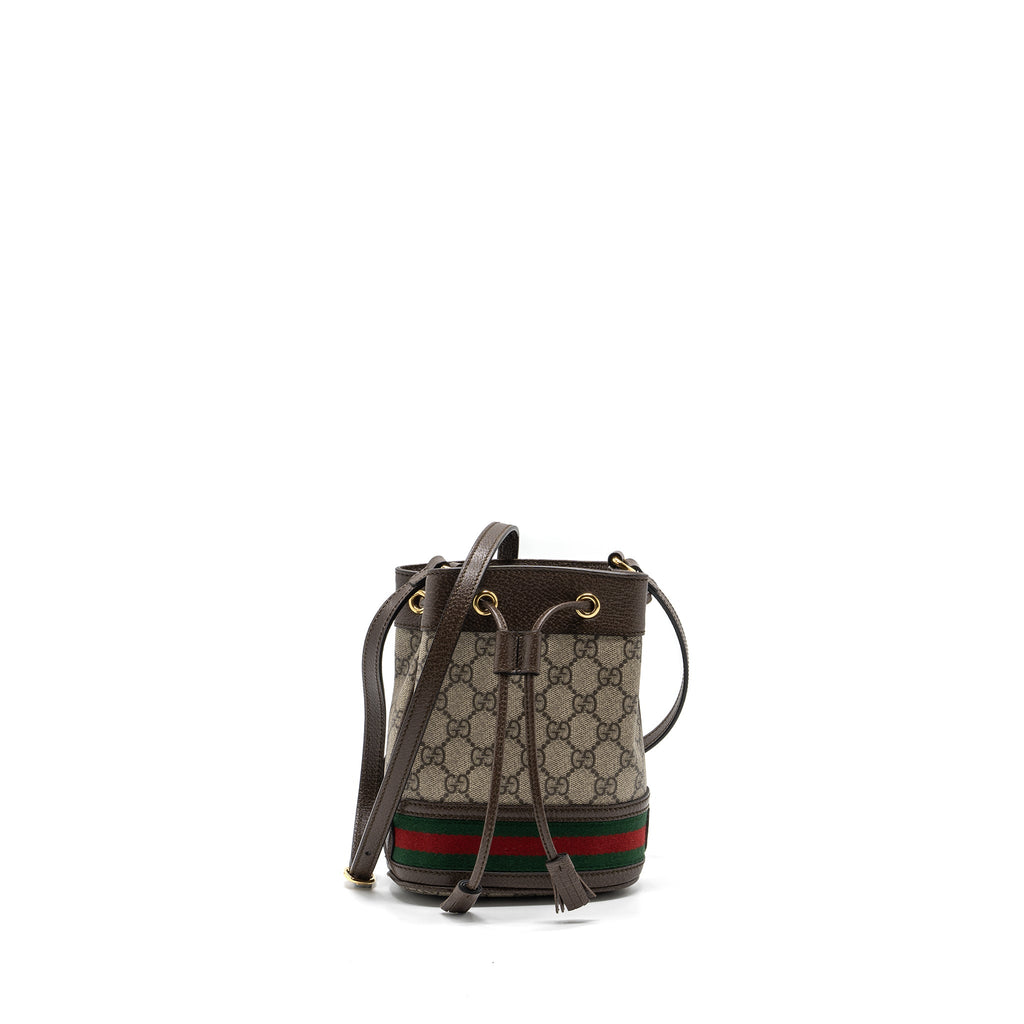 GUCCI OPHIDIA MINI GG BUCKET BAG BEIGE / EBONY GG SUPREME CANVAS GHW