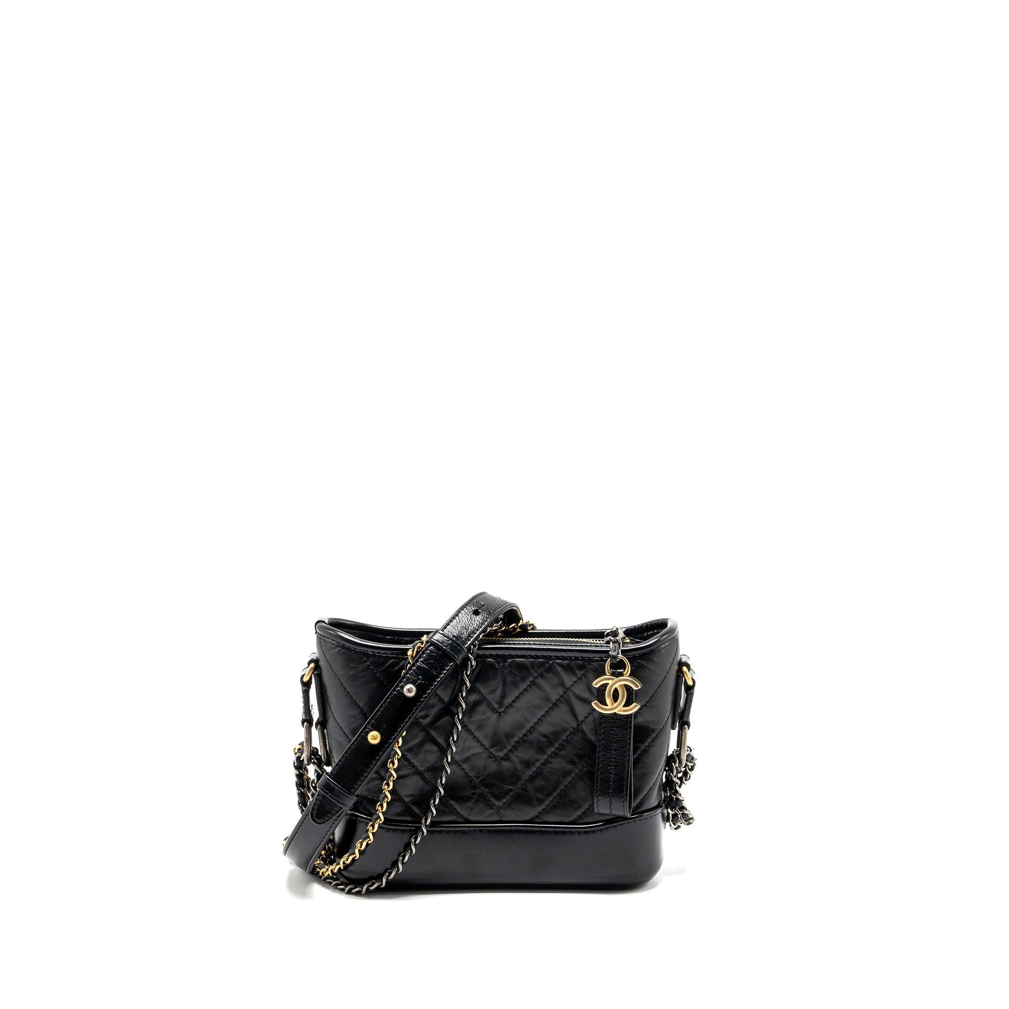 CHANEL SMALL CHEVRON GABRIELLE BAG CALFSKIN BLACK MULTICOLOUR HARDWARE