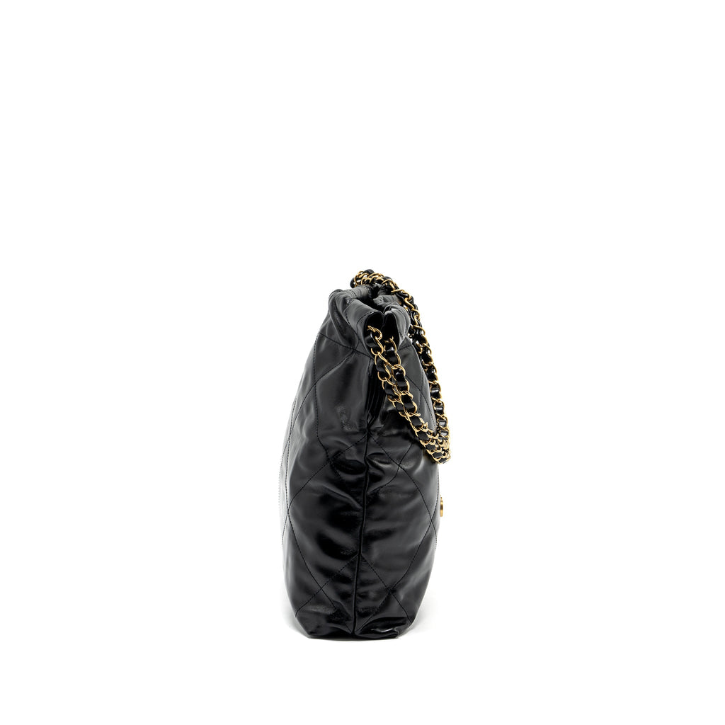 CHANEL SMALL 22 BAG GOLD LETTER SHINY CALFSKIN BLACK GHW (MICROCHIP)