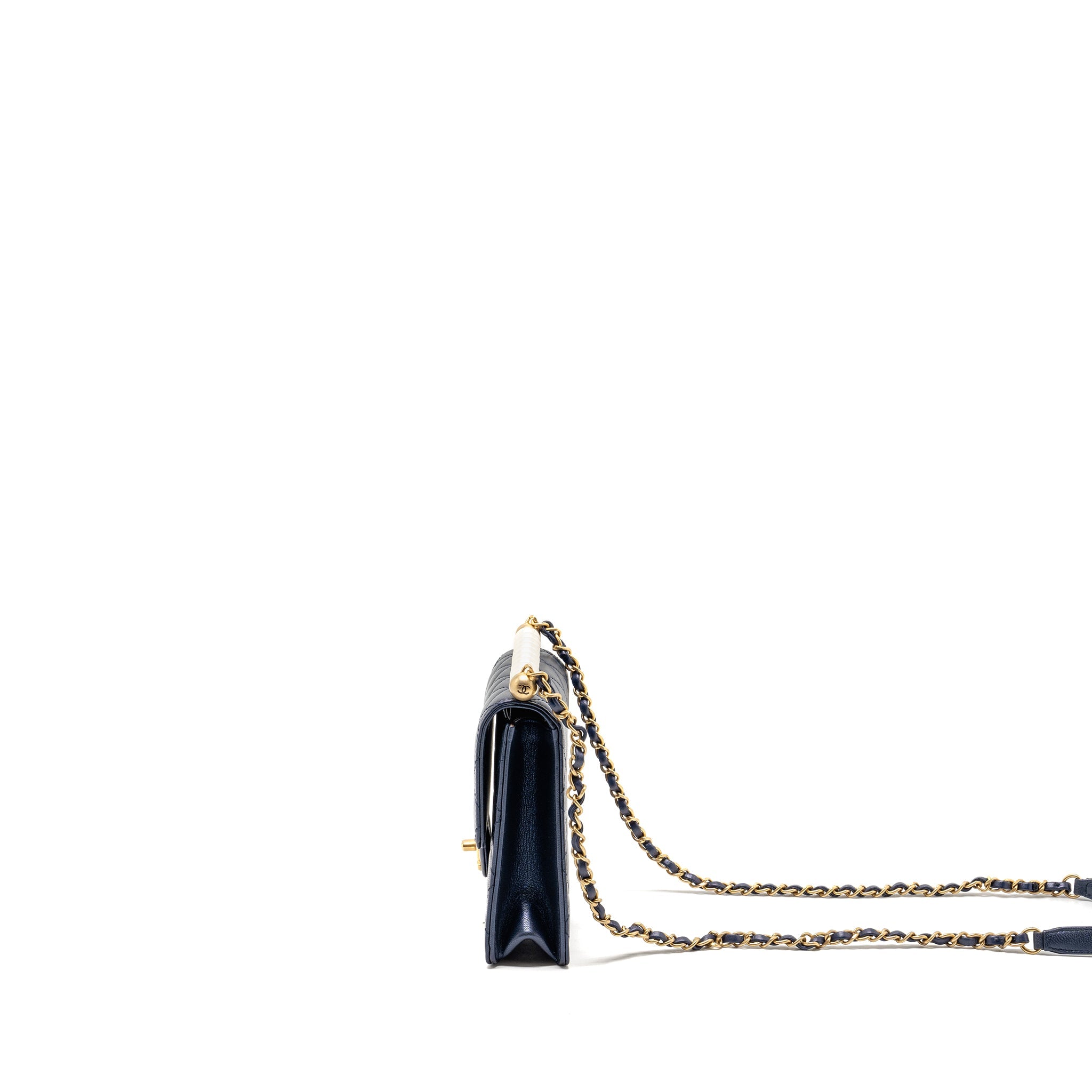 CHANEL PEARL DECORATED QUILTED FLAP BAG LAMBSKIN NAVY GHW