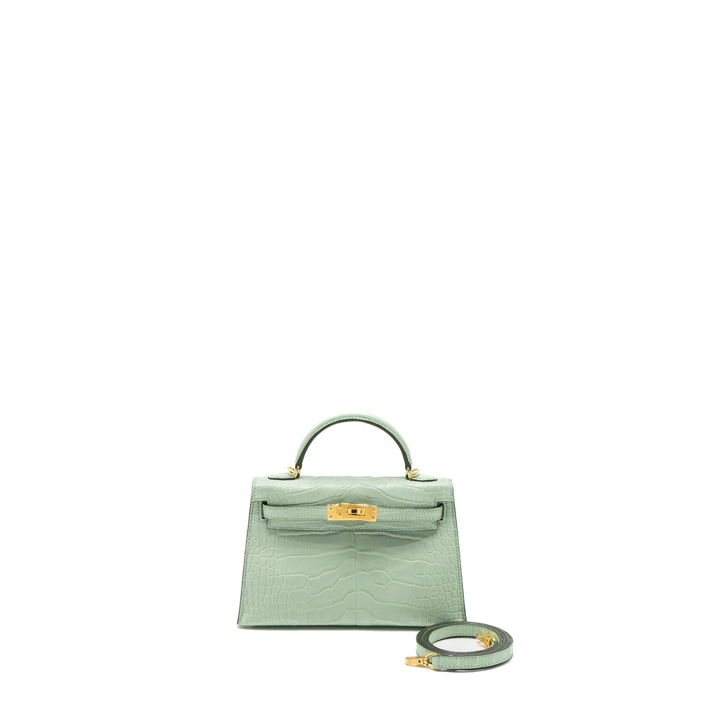 HERMES MINI KELLY ALLIGATOR MISSISSIPPIENSIS MATTE 6U VERT D’EAU GHW