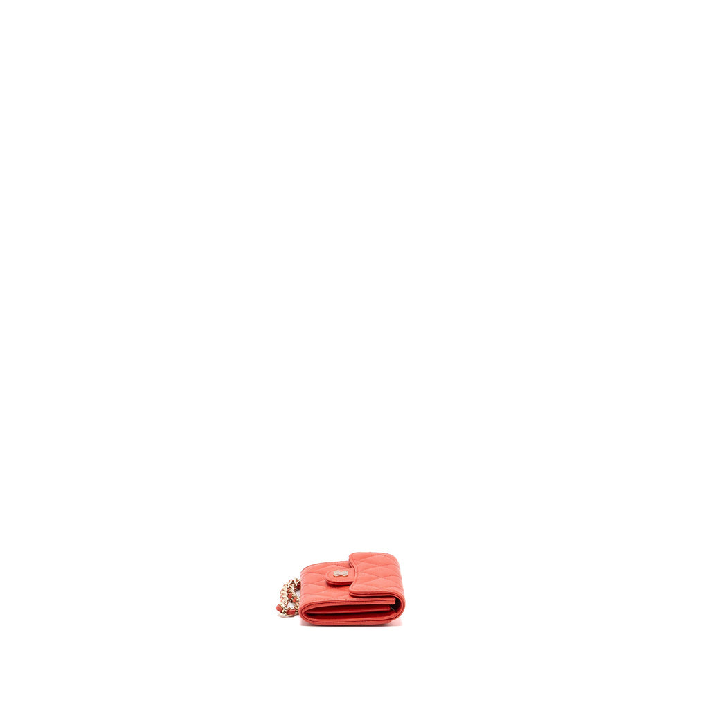 CHANEL FLAP CARD HOLDER WITH CHAIN ON ONE SIDE CAVIAR CORAL PINK LGHW
