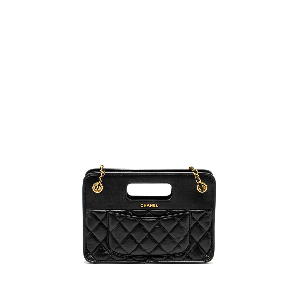 CHANEL 23S CLUTCH BAG WITH CHAIN CALFSKIN BLACK BRUSH GHW (MICROCHIP)