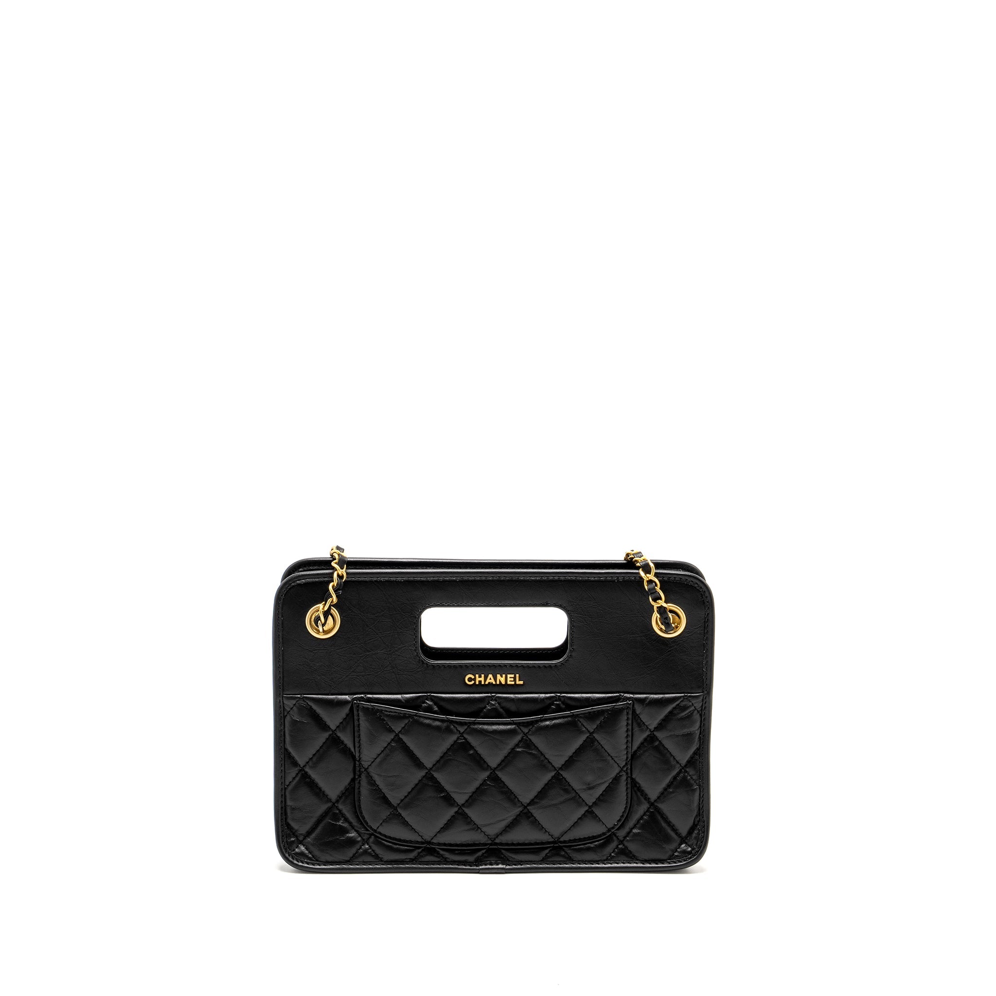 CHANEL 23S CLUTCH BAG WITH CHAIN CALFSKIN BLACK BRUSH GHW (MICROCHIP)