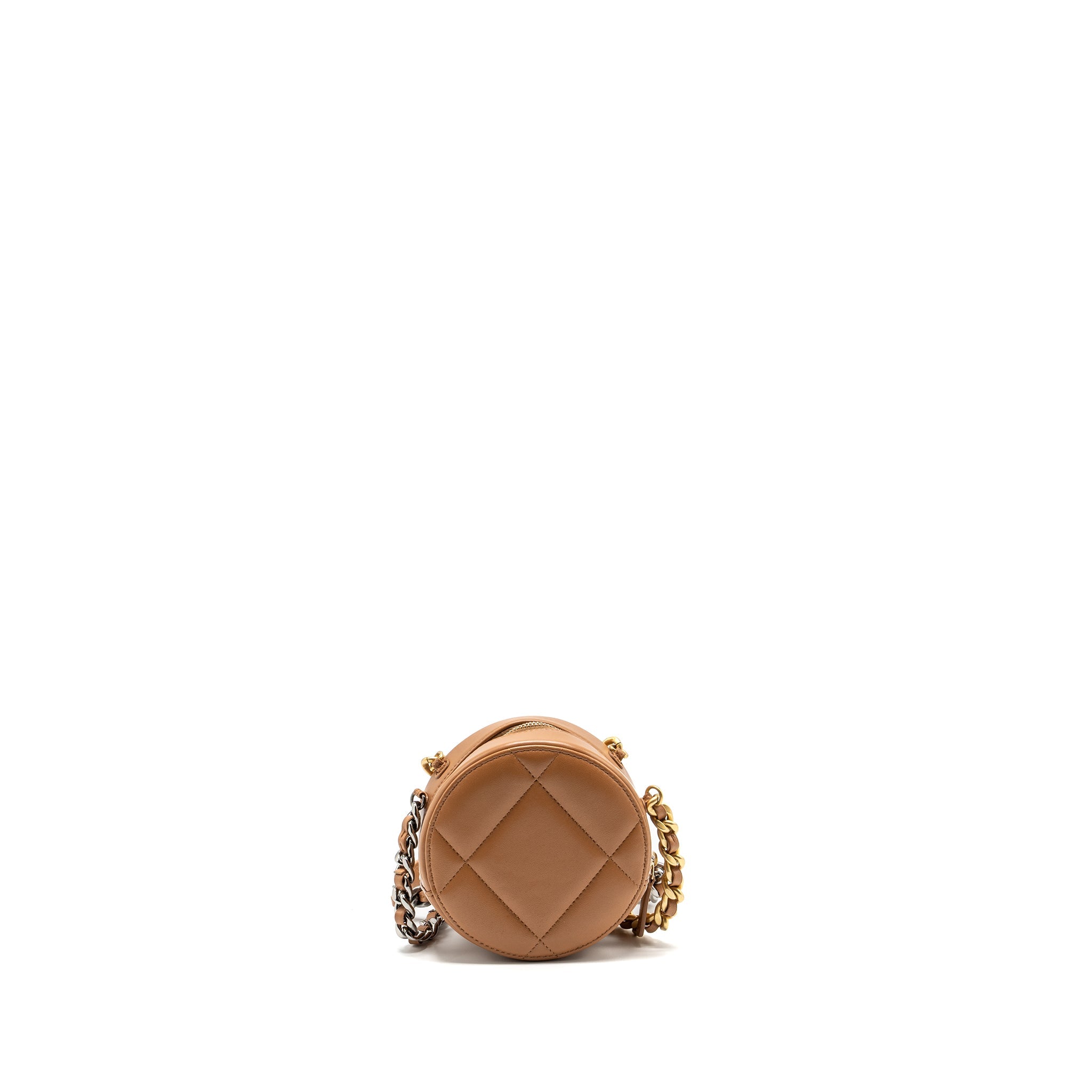 CHANEL 19 ROUND CLUTCH WITH CHAIN LAMBSKIN CARAMEL MULTICOLOUR HARDWARE (MICROCHIP)