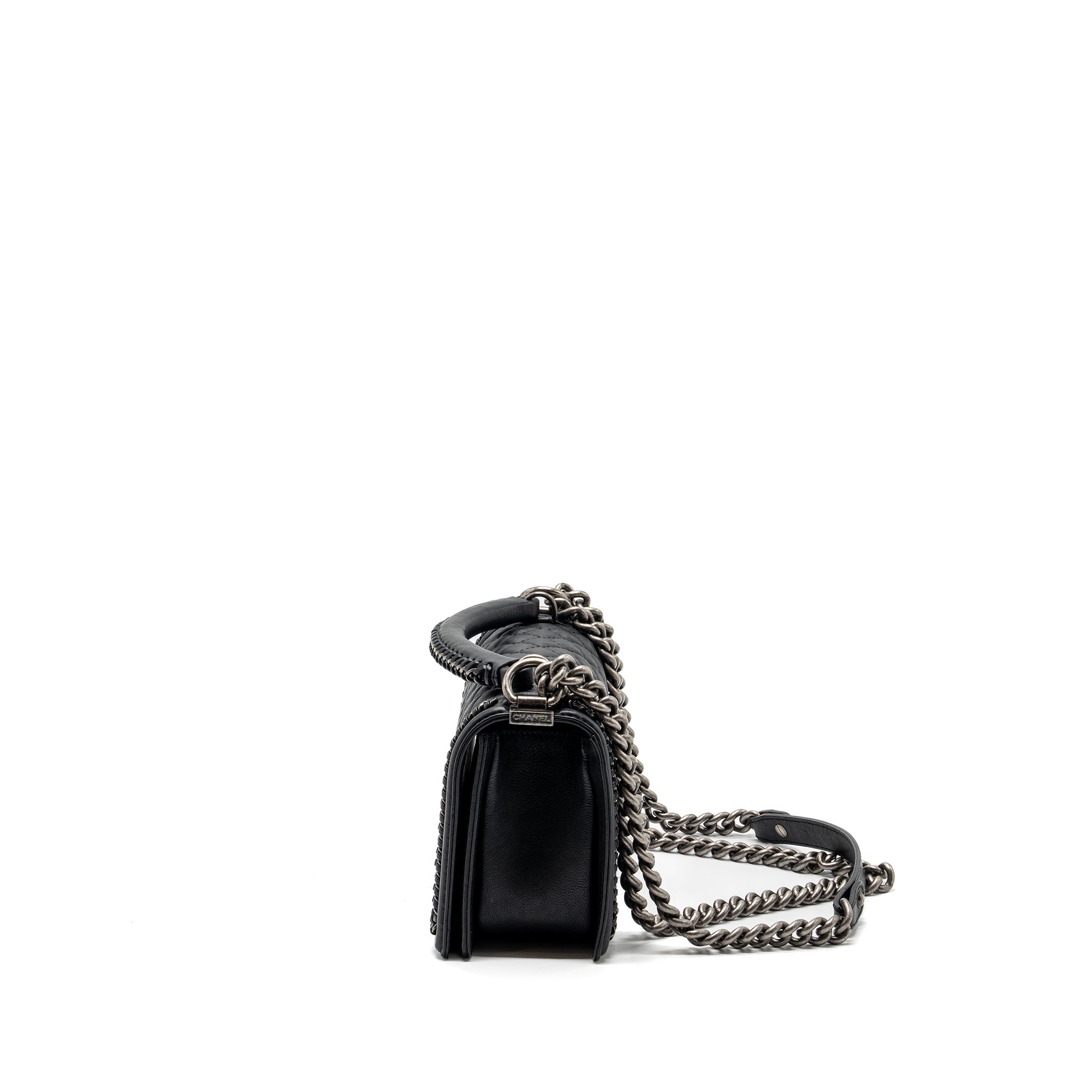 CHANEL TOP HANDLE MEDIUM BOY BAG LIMITED EDITION CALFSKIN BLACK RUTHENIUM HARDWARE