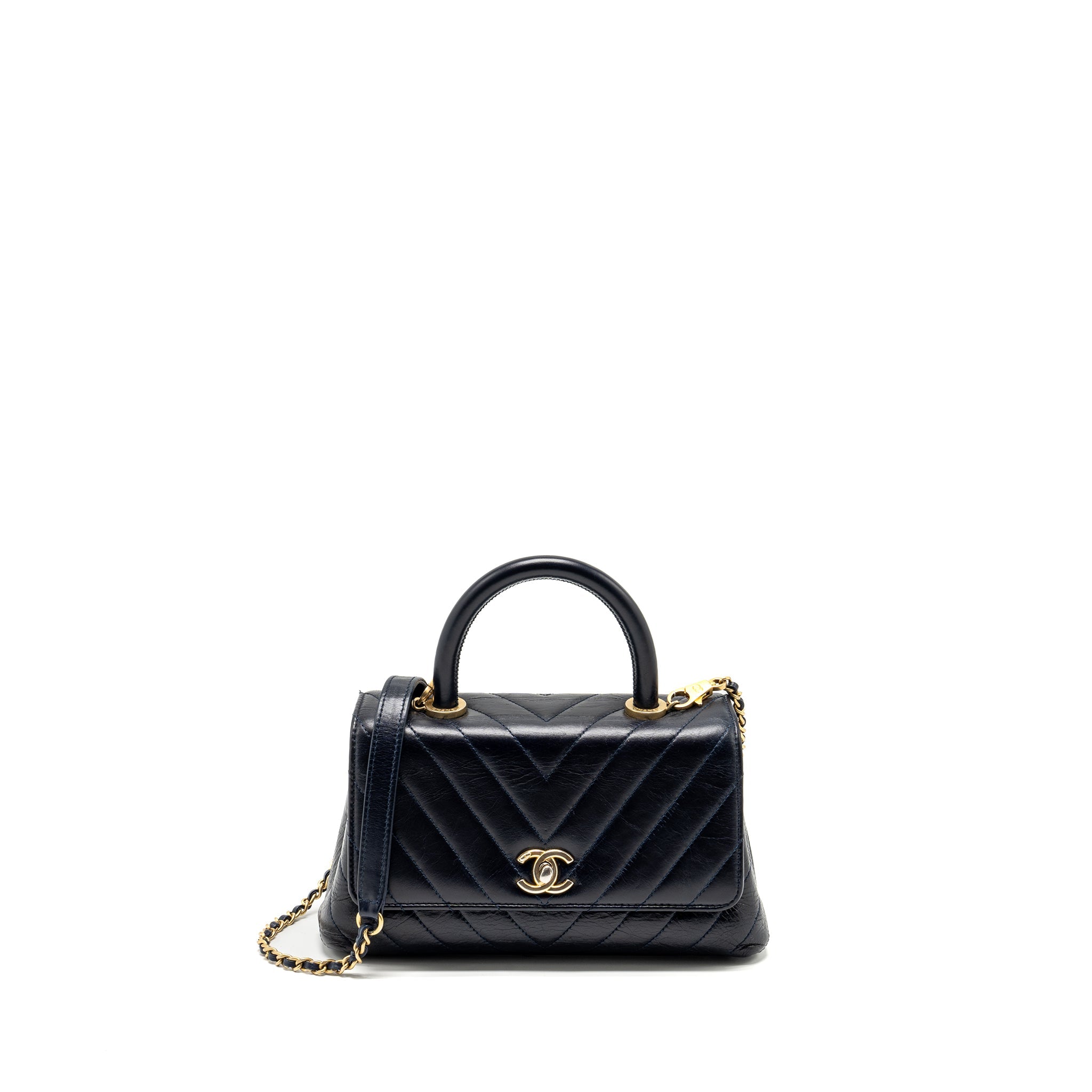 CHANEL SMALL COCO HANDLE CHEVRON CALFSKIN DARK BLUE GHW