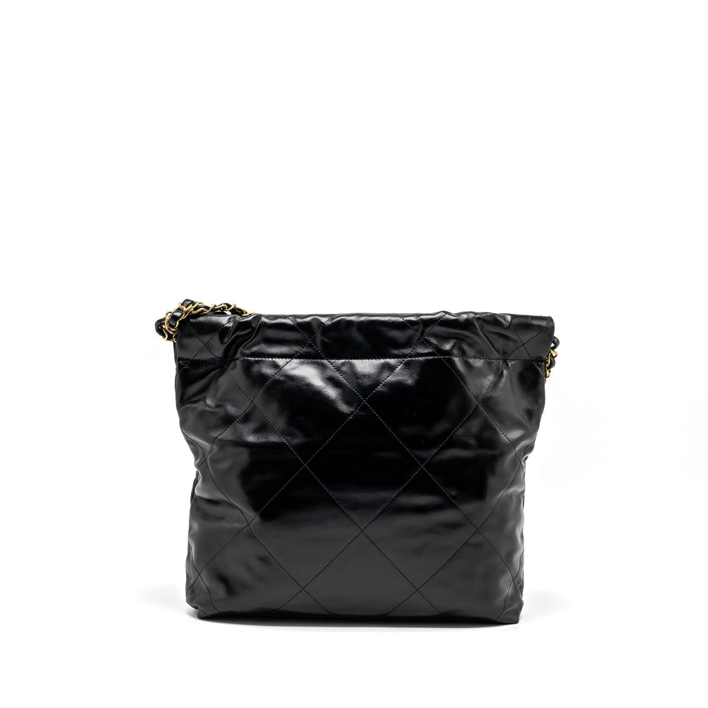 CHANEL SMALL 22 BAG GOLD LETTER SHINY CALFSKIN BLACK GHW (MICROCHIP)