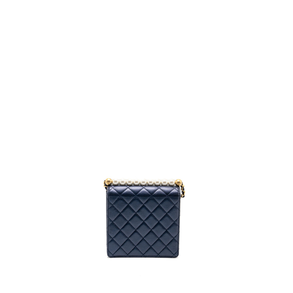 CHANEL PEARL DECORATED QUILTED FLAP BAG LAMBSKIN NAVY GHW