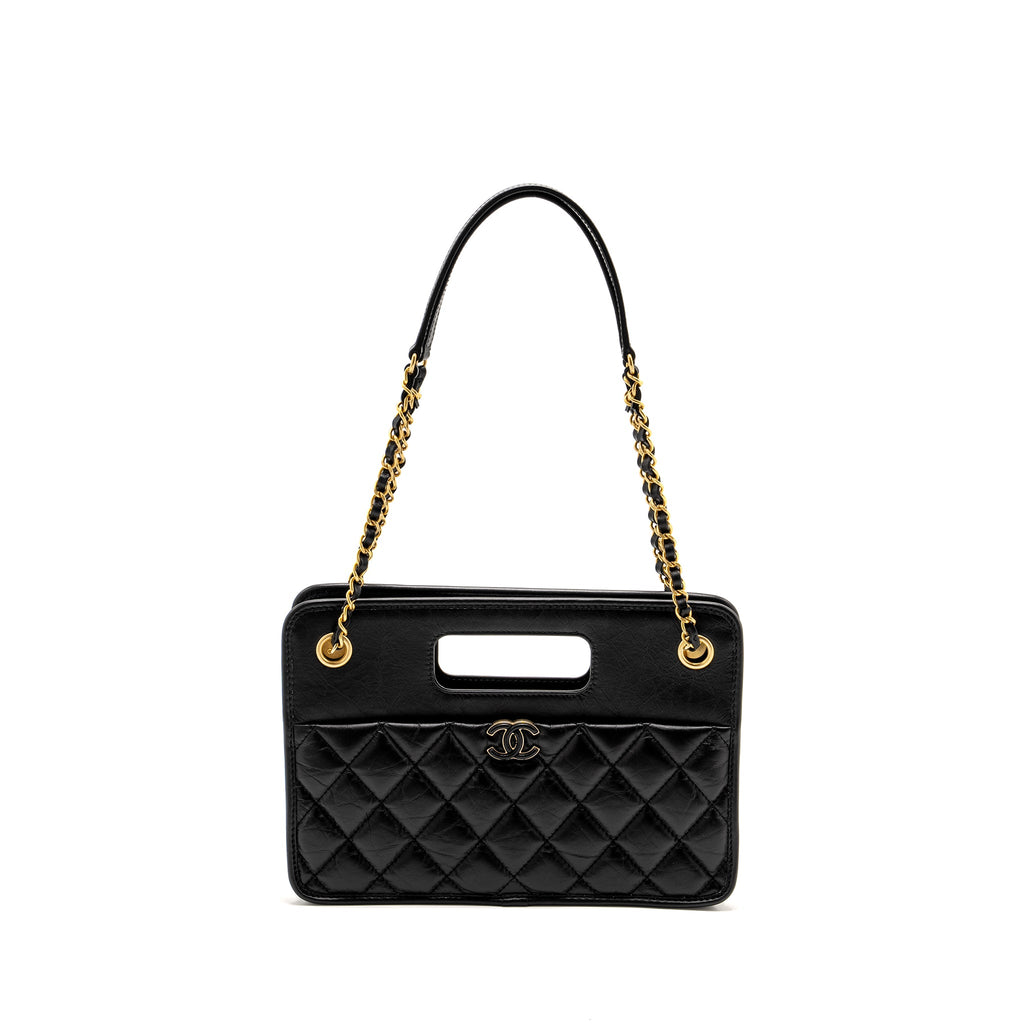 CHANEL 23S CLUTCH BAG WITH CHAIN CALFSKIN BLACK BRUSH GHW (MICROCHIP)