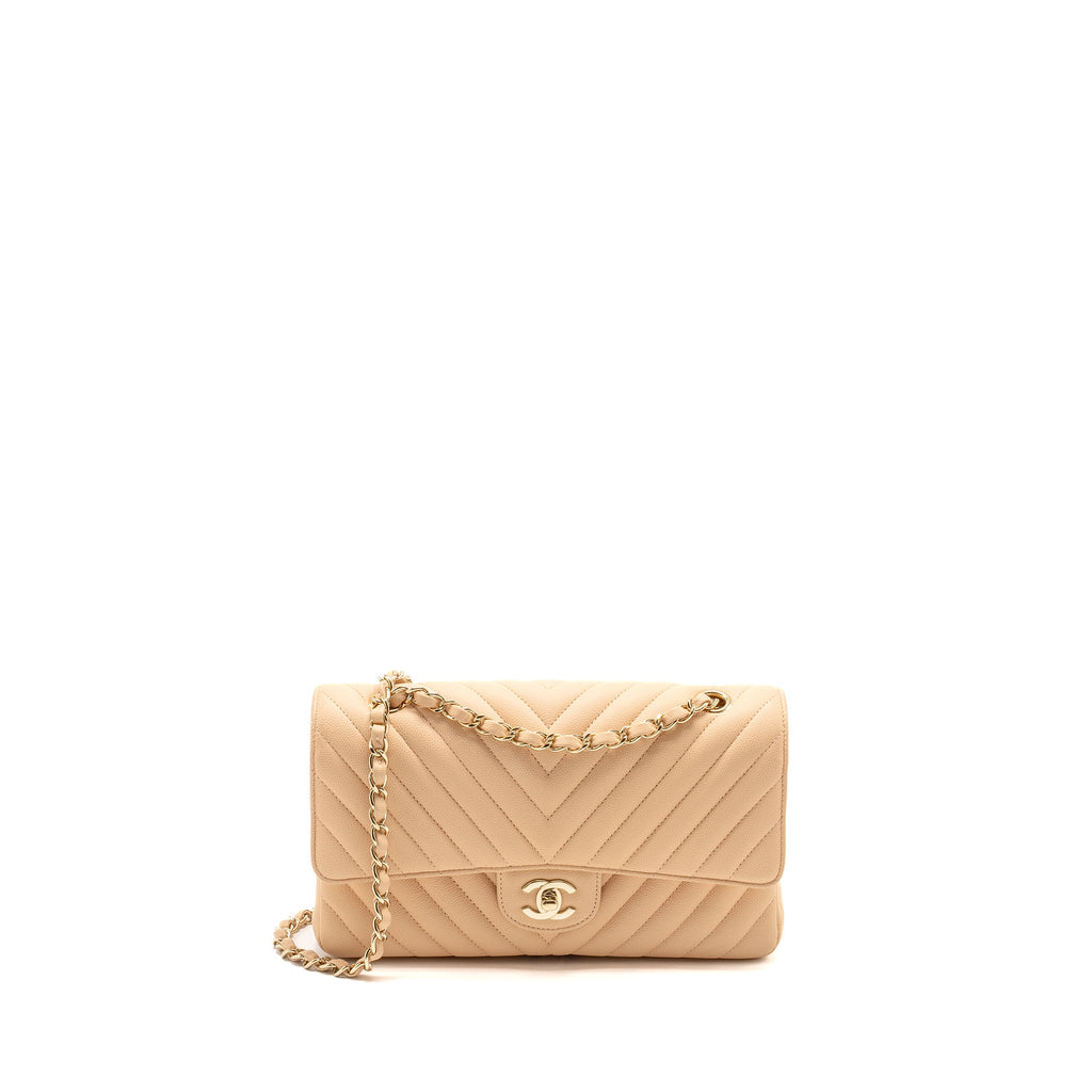 CHANEL MEDIUM CLASSIC DOUBLE FLAP BAG CHEVRON CAVIAR BEIGE LGHW