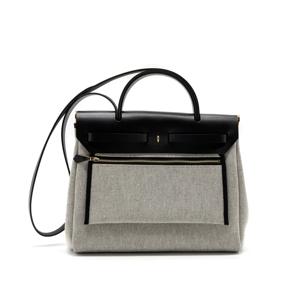 HERMES HERBAG 31 ZIP BAG TOILE H PLUME CANVAS/ HUNTER LEATHER BLACK / ECRU GHW