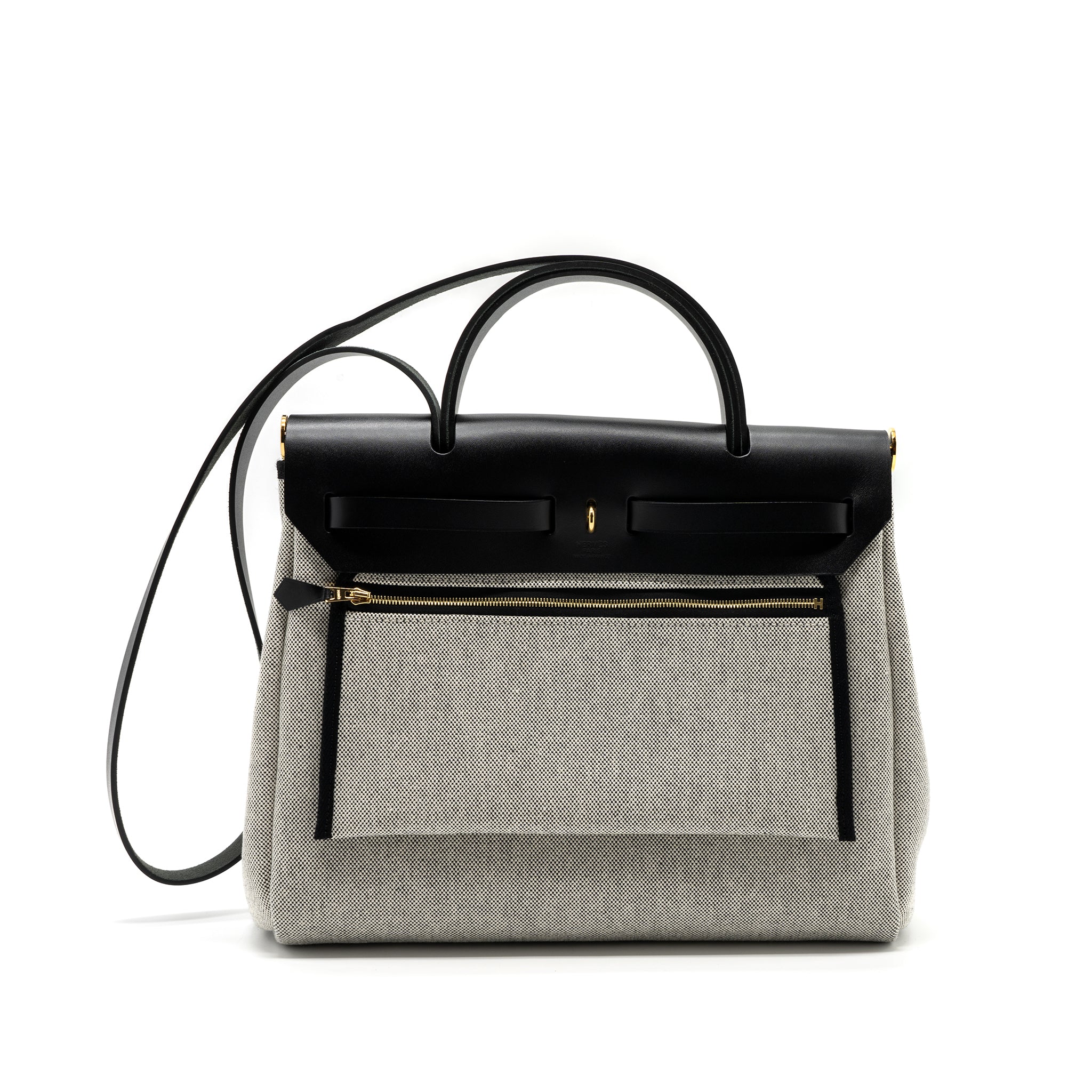 HERMES HERBAG 31 ZIP BAG TOILE H PLUME CANVAS/ HUNTER LEATHER BLACK / ECRU GHW