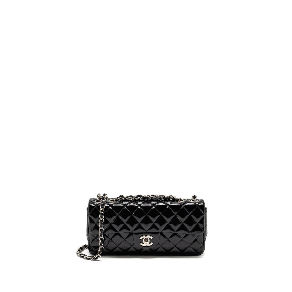 CHANEL EAST WEST FLAP SHOULDER BAG PATENT LEATHER BLACK SHW
