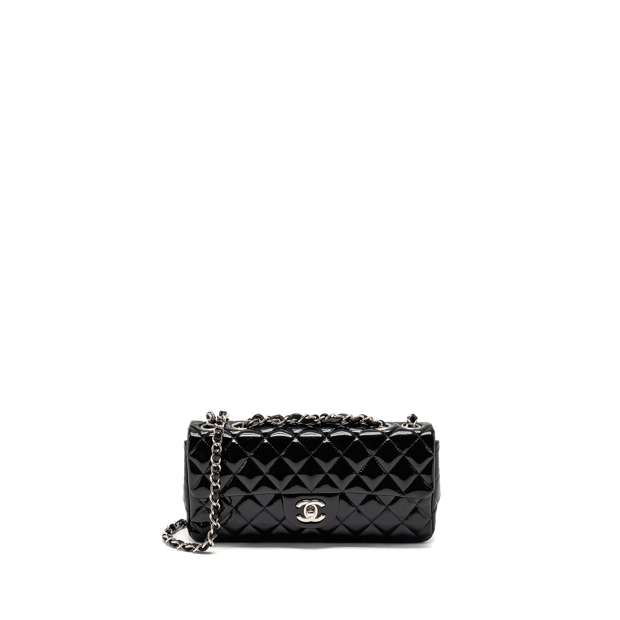 CHANEL EAST WEST FLAP SHOULDER BAG PATENT LEATHER BLACK SHW