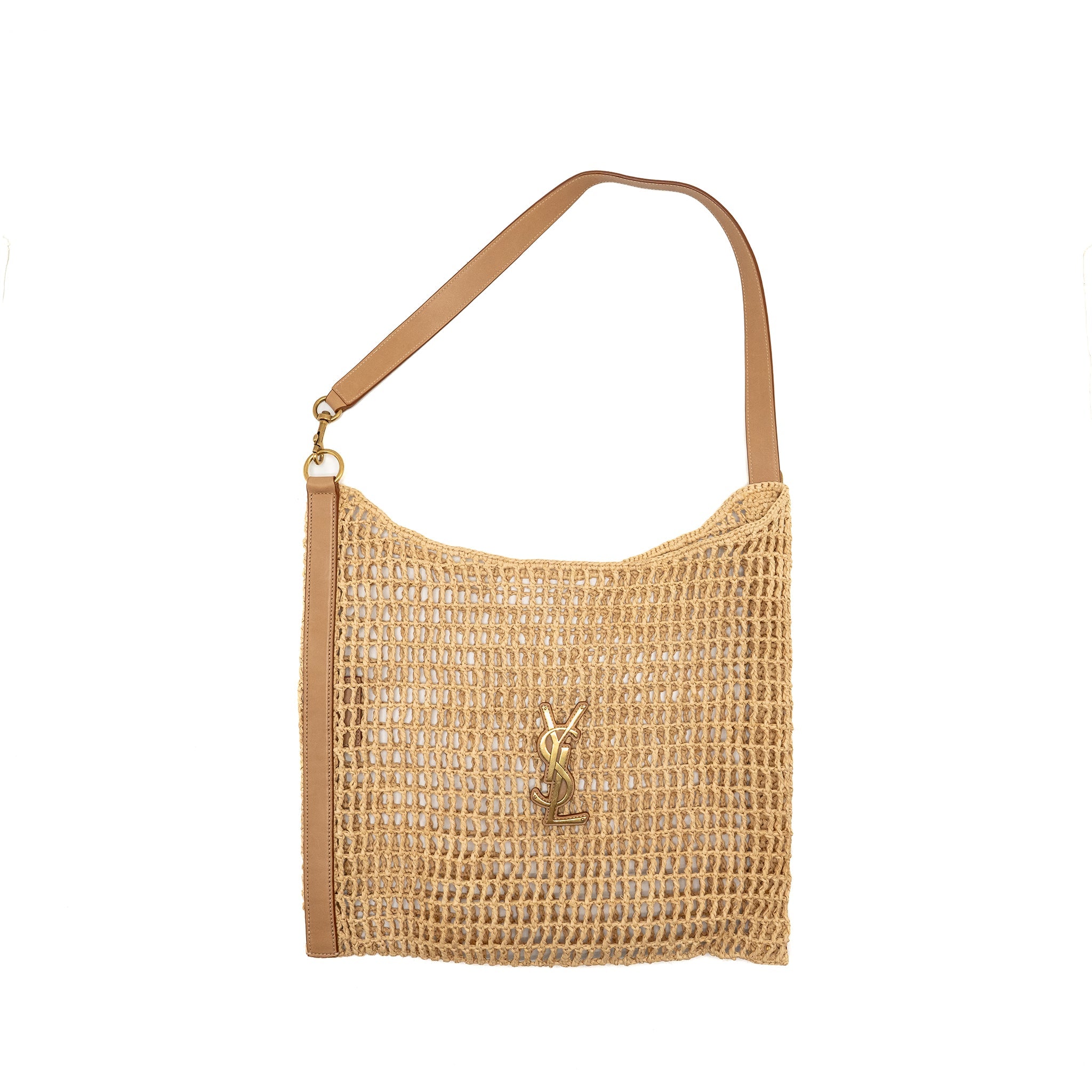 SAINT LAURENT/YSL OXALIS CROCHET SHOULDER BAG RIFFIA/LEATHER BEIGE GHW