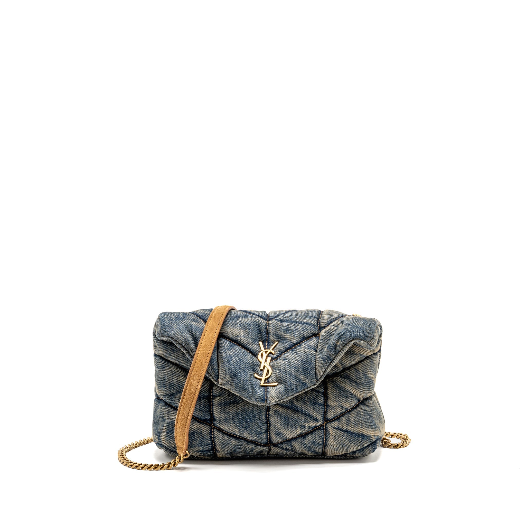 SAINT LAURENT/YSL TOY LOULOU PUFFER SHOULDER BAG DENIM INDIGO BLUE/CINNAMON GHW