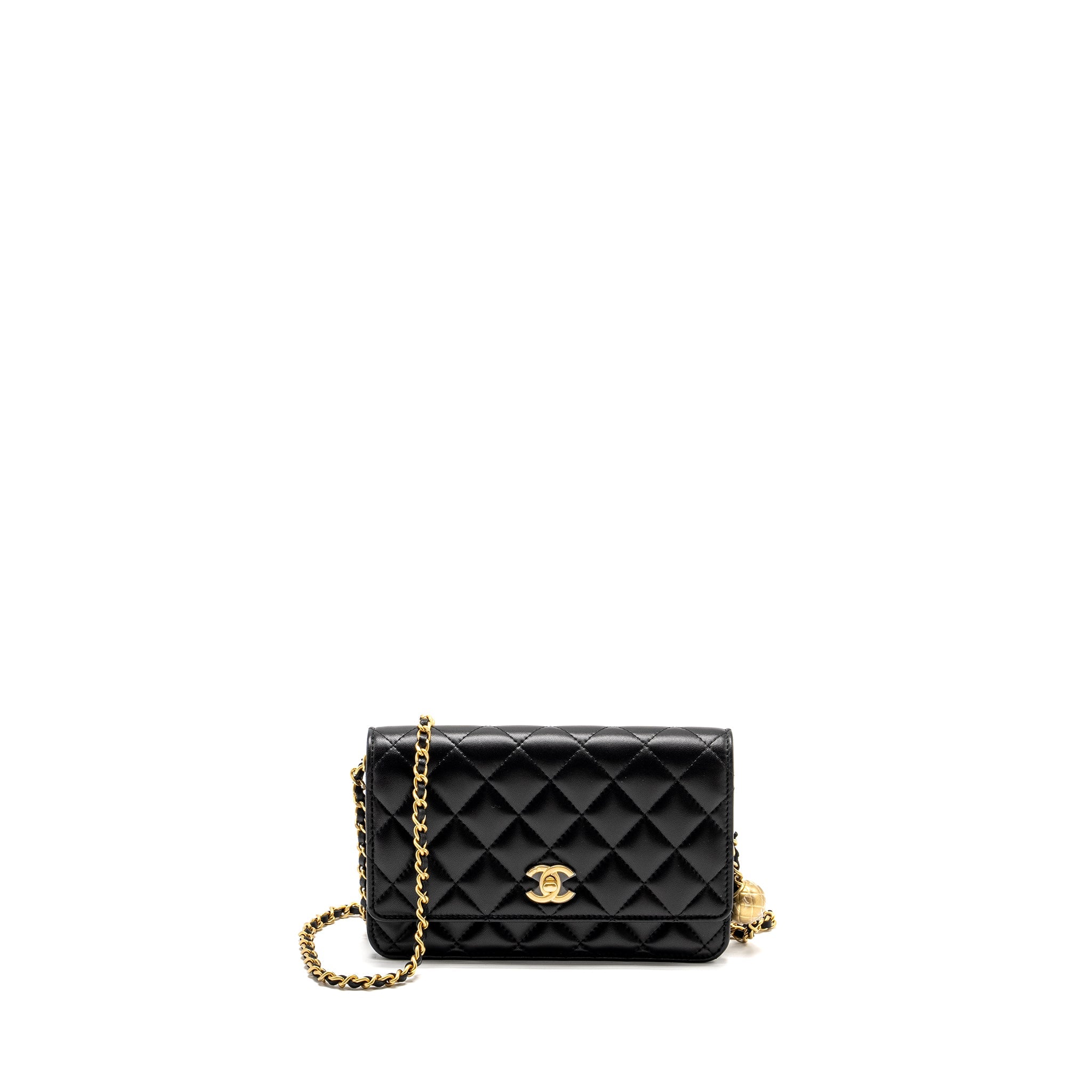 CHANEL PEARL CRUSH WALLET ON CHAIN LAMBSKIN BLACK GHW (MICROCHIP)