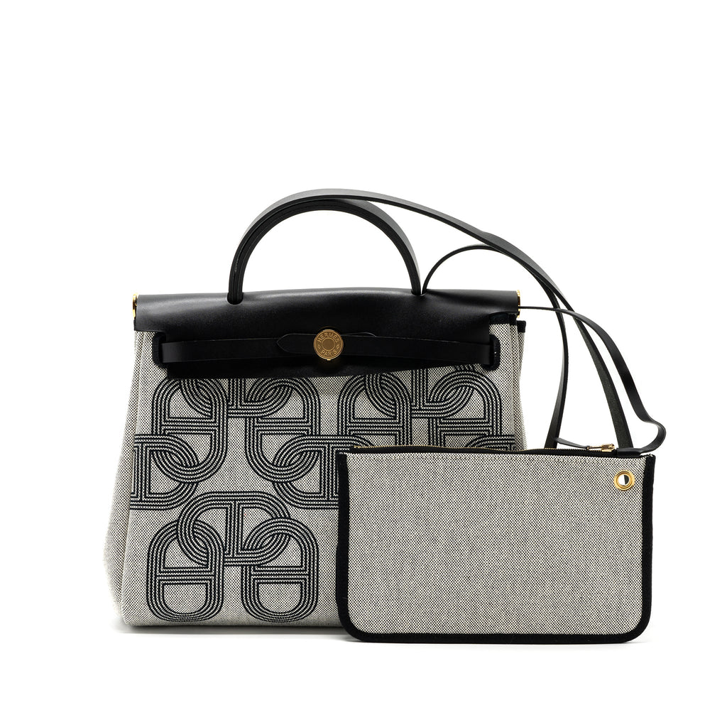 HERMES HERBAG 31 ZIP BAG TOILE H PLUME CANVAS/ HUNTER LEATHER BLACK / ECRU GHW