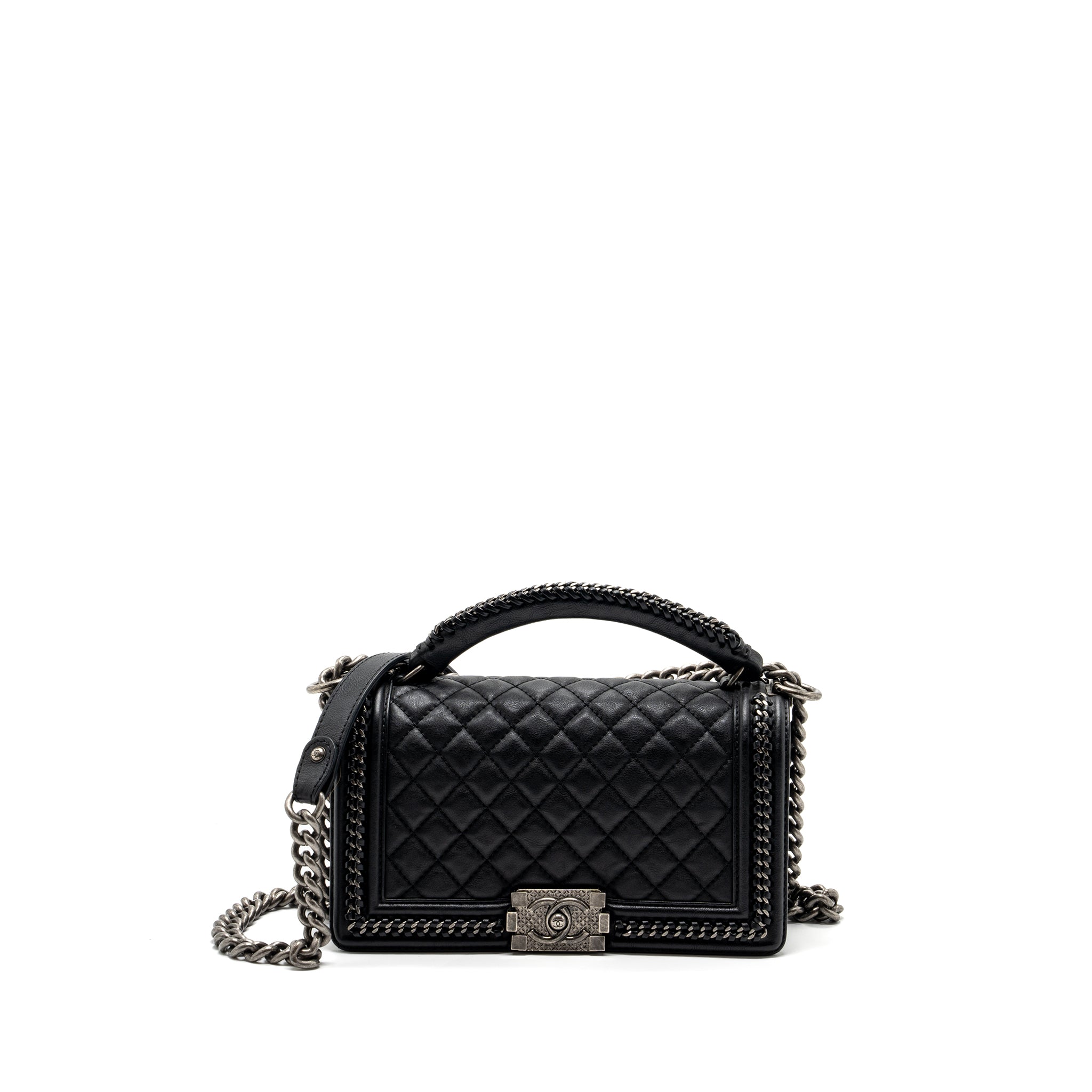 CHANEL TOP HANDLE MEDIUM BOY BAG LIMITED EDITION CALFSKIN BLACK RUTHENIUM HARDWARE