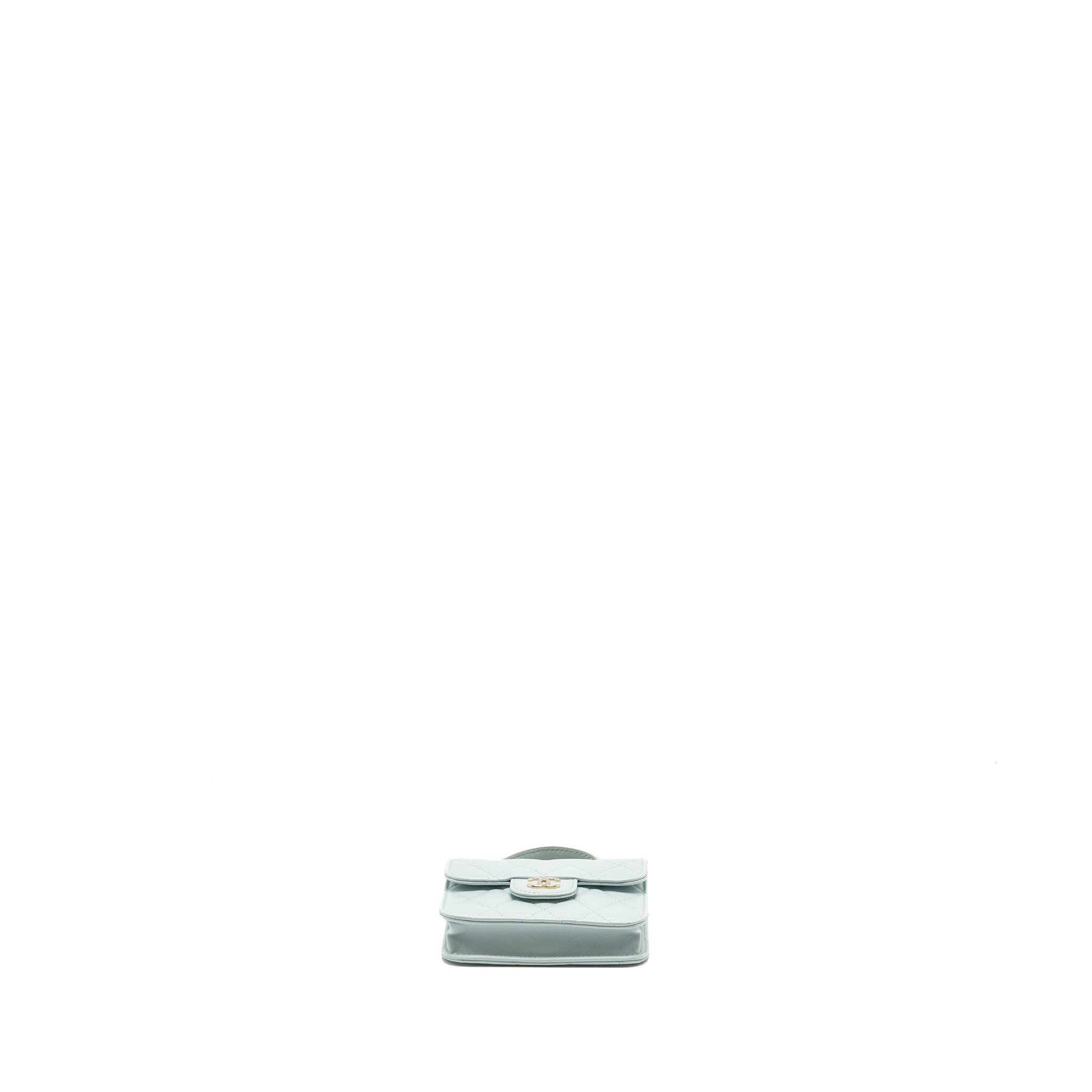 CHANEL TOP HANDLE MINI FLAP CLUTCH WITH CHAIN LAMBSKIN LIGHT BLUE LGHW