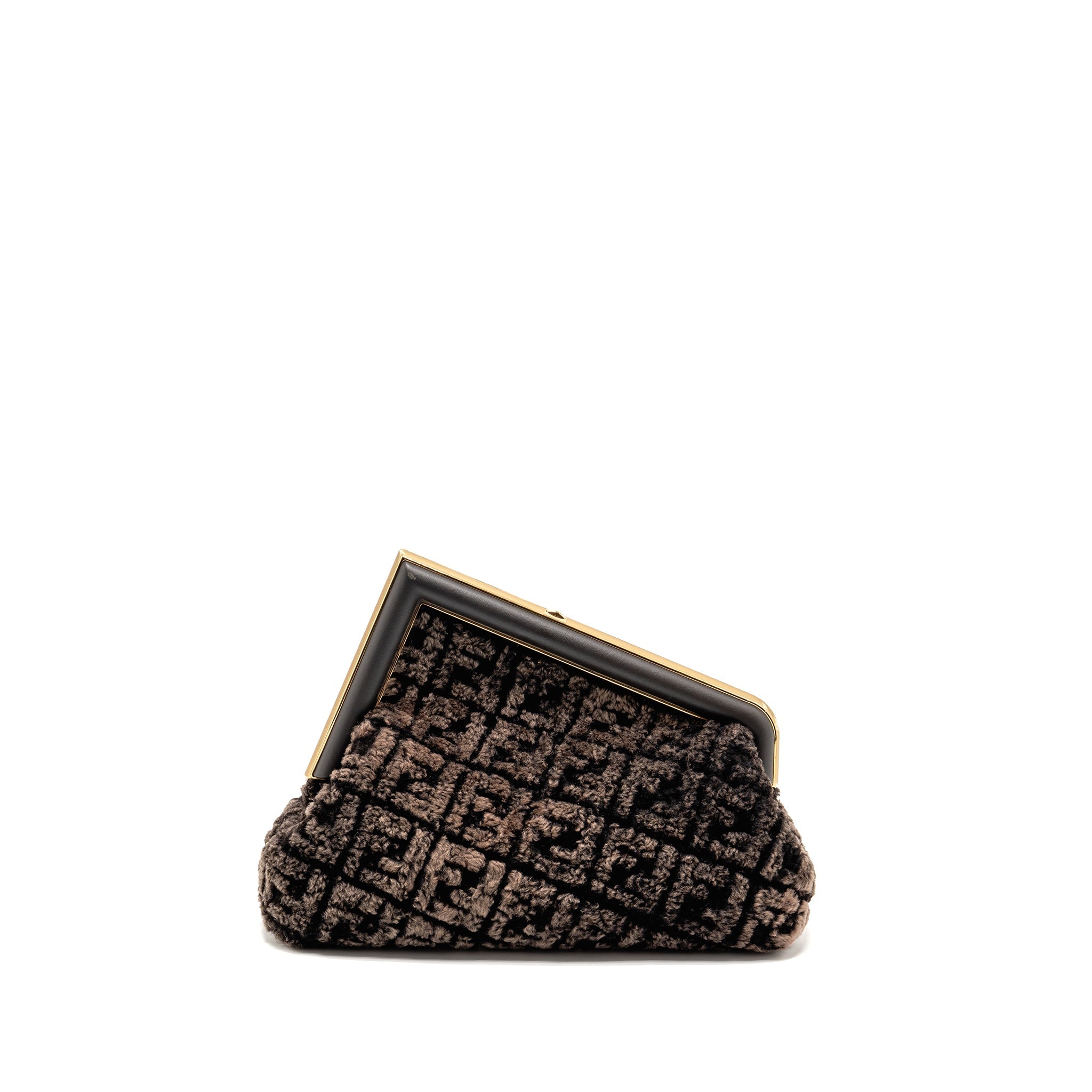 FENDI MEDIUM FENDI FIRST CLUTCH BAG SHEARLING BROWN GHW