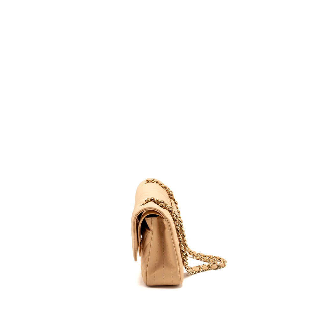 CHANEL MEDIUM CLASSIC DOUBLE FLAP BAG CHEVRON CAVIAR BEIGE LGHW