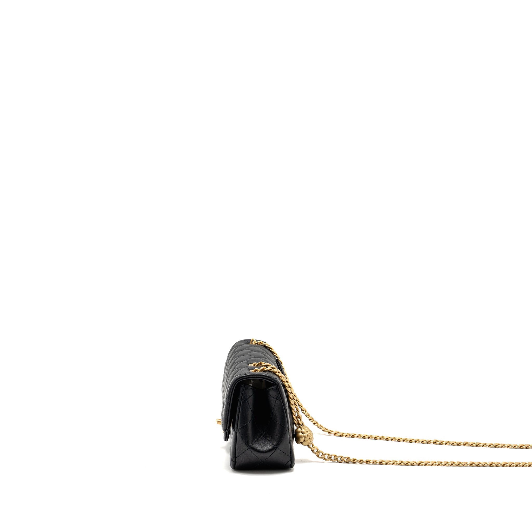 CHANEL 25P CAMELLIA ADJUSTABLE CHAIN FLAP BAG LAMBSKIN BLACK GHW(MICROCHIP)