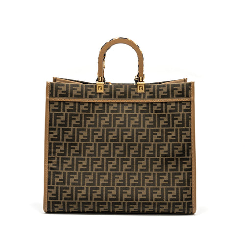 FENDI SUNSHINE LARGE TOTE SHOPPER FF JACQUARD FABRIC BROWN GHW