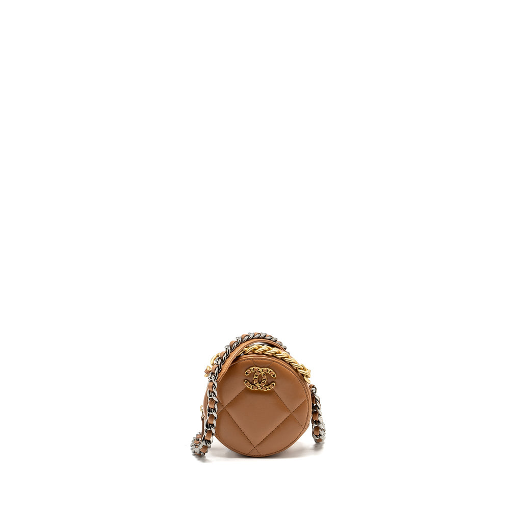 CHANEL 19 ROUND CLUTCH WITH CHAIN LAMBSKIN CARAMEL MULTICOLOUR HARDWARE (MICROCHIP)