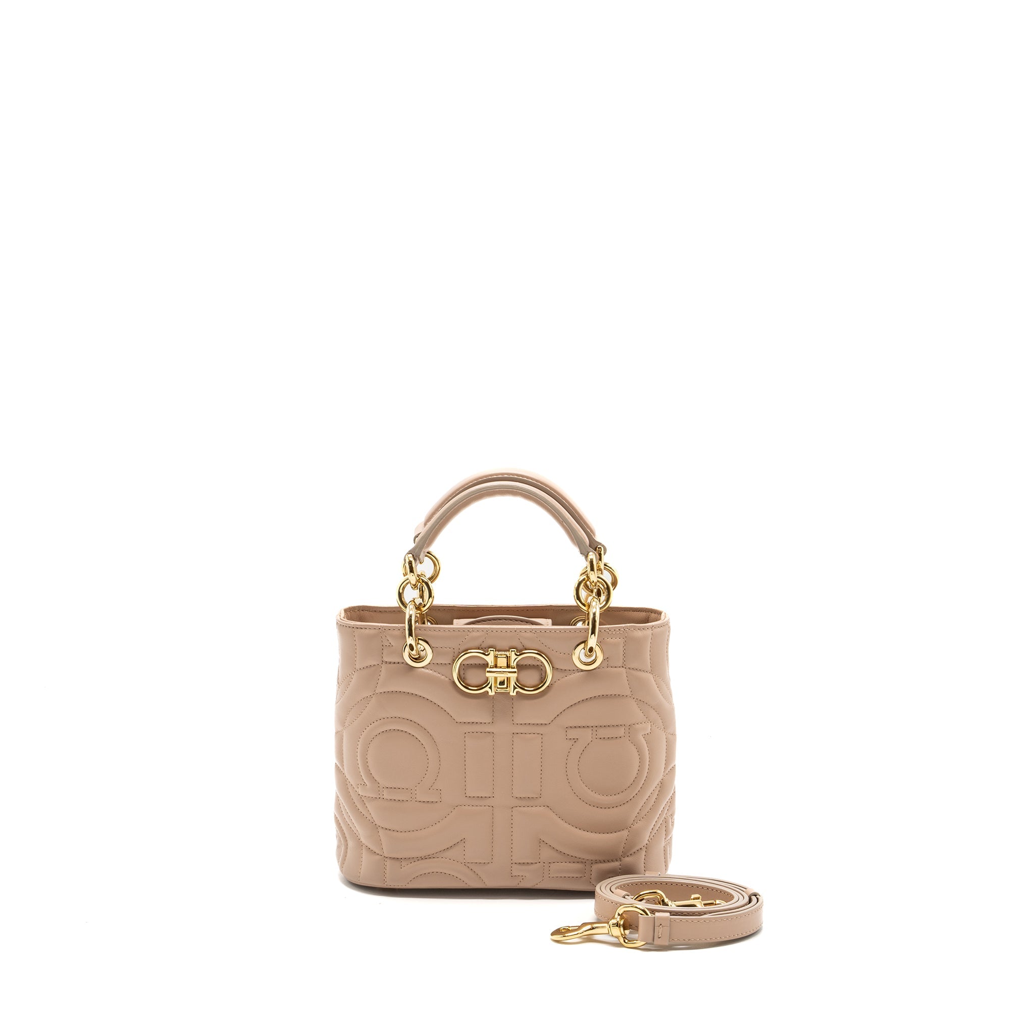 FERRAGAMO GANCINI QUILTED TOTE BAG CALFSKIN BEIGE LGHW
