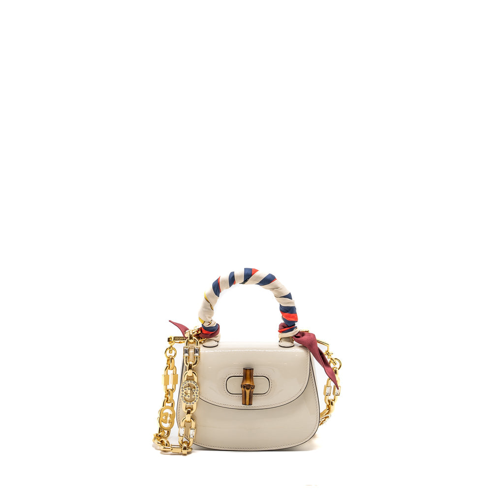GUCCI BAMBOO 1947 MINI TOP HANDLE BAG PATENT LEATHER WHITE GHW