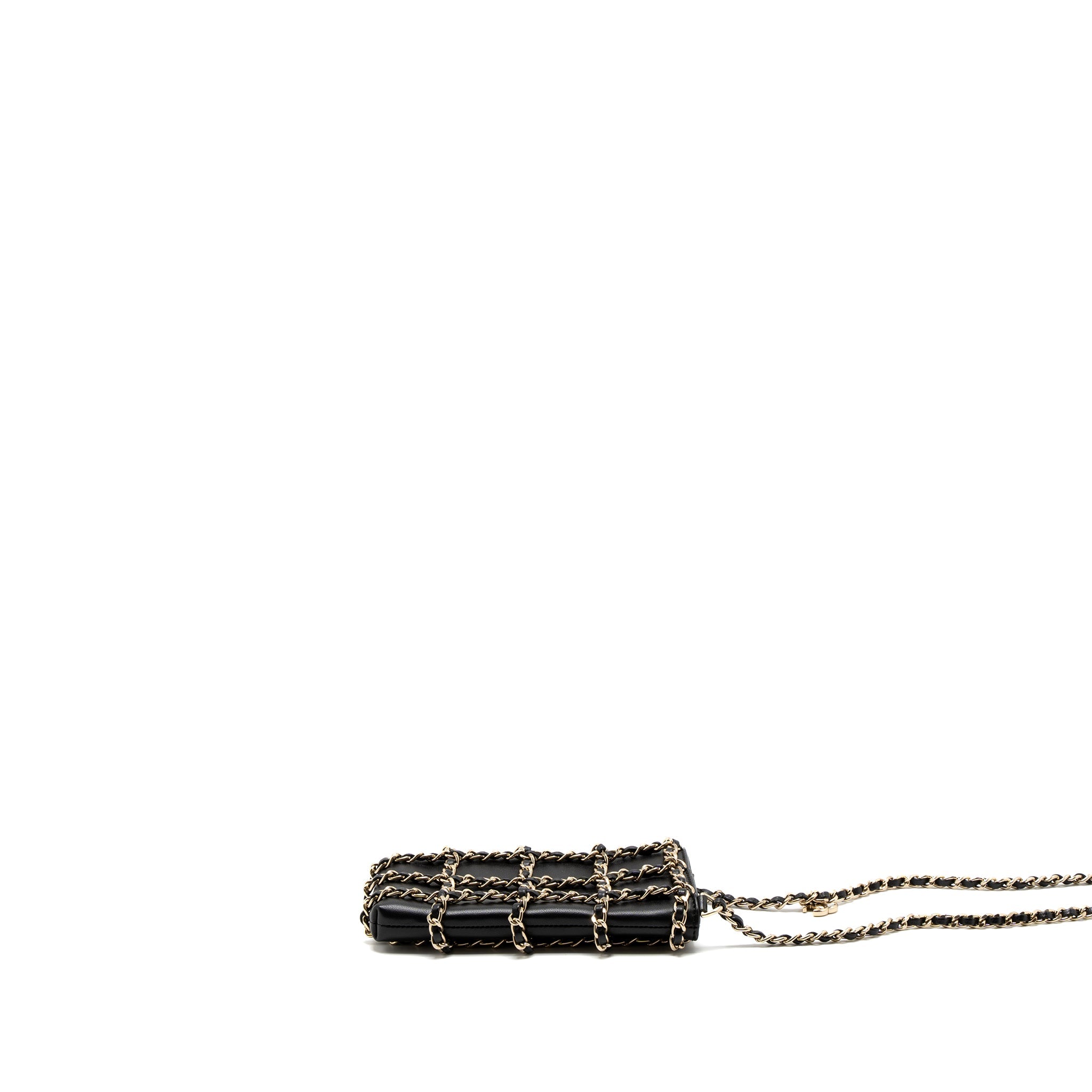 CHANEL GOLD CLUTH O CHAIN VERTICAL PHONE HOLDER LAMBSKIN BLACK GHW