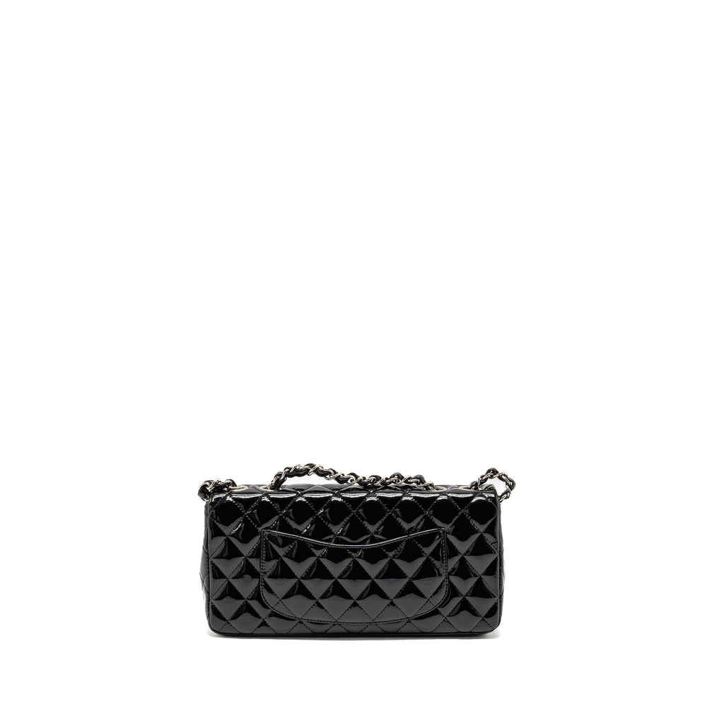 CHANEL EAST WEST FLAP SHOULDER BAG PATENT LEATHER BLACK SHW